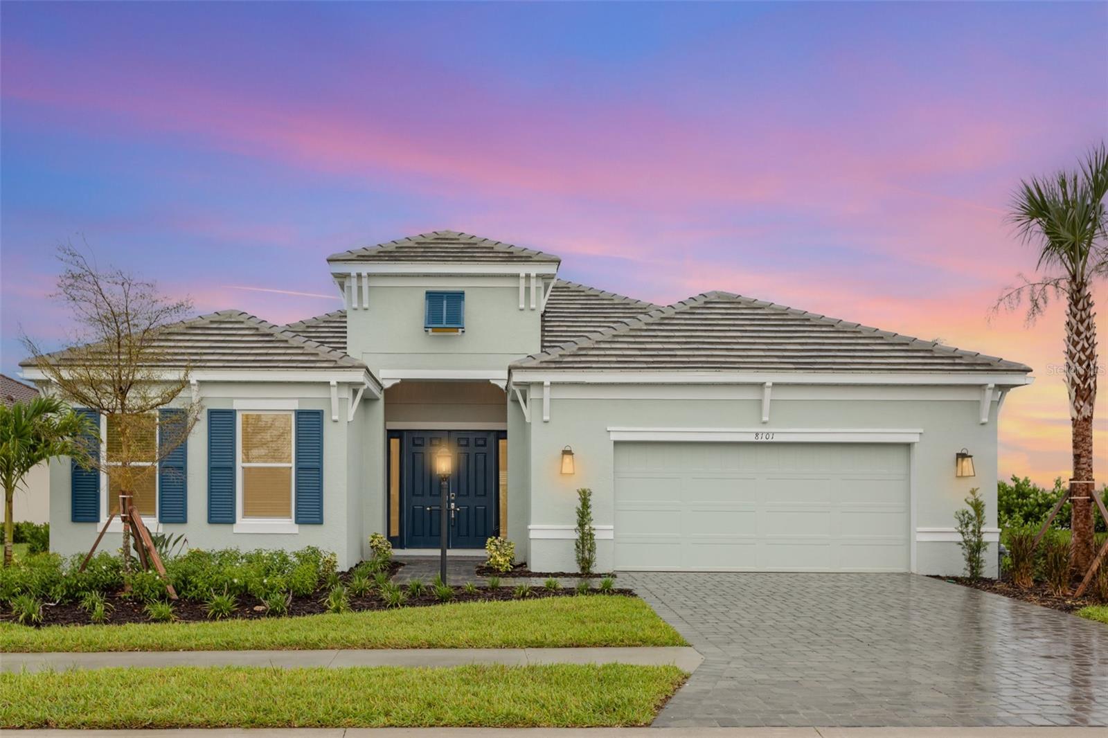 Gorgeous Rare Pallazio model 4 bedroom with den on a cul de sac and FULLY FURNISHED. This stunning home comes equipped with ALL of the furniture and accessories. As you enter through the double entry door you are greeted with high ceilings, crown molding and gorgeous tile. The designer kitchen is a chef's dream featuring 42" cabinets, solid surface countertops, gas cook top, large island and stainless steel appliances all overlooking a large great room and dining room. The luxurious large Primary suite features solid surface counters with dual sinks, a Huge luxury shower, seperate water closet and large walk in closet. There is also another large bedroom that has it's own bathroom that can be used as a second Master bedroom. The other 2 bedrooms have ample space for the extra family members or guests and have access to their bath as well.. Not only are there 4 bedrooms for extra space but there is a den that could also be used as an office. The owner has also added many upgrades to the original plan such as upgraded front elevation, Gourmet kitchen with island knee wall cabinets, rough in for outdoor kitchen, interior 8' doors, IMPACT WINDOWS, pre-plumbing for water softener and 80 amppool/spa prewire. As lovely as this home is, this gated community is even better. There will be resort style pool, multiple parks, walking trails, dog park, pickle ball courts, bocce ball, sidewalks and street lights. Sky Ranch even has it's own brand new school that is K-8. Don't hesitate to make this gorgeous home yours. 3D tour and video coming soon