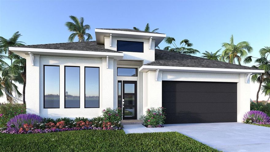 Under Construction. Step off the front porch and into a welcoming entryway with an extended tray ceiling that embraces the main hallway. French doors open into a secluded home office that overlooks the front yard. A full guest suite with a private bathroom and ample closet space is off the main hall. The kitchen features an island with built-in seating, and corner walk-in pantry. The dining area flows from the kitchen to the connecting family room which offers plenty of natural light from the sliding glass door and access to the backyard covered lanai. The primary bedroom has three large windows overlooking the backyard space. Double doors lead into the bathroom which hosts dual vanities, a freestanding tub, glass enclosed shower, and two walk-in closets. Two secondary bedrooms and the laundry room complete the floor plan. The drop zone is located off the two-car garage.