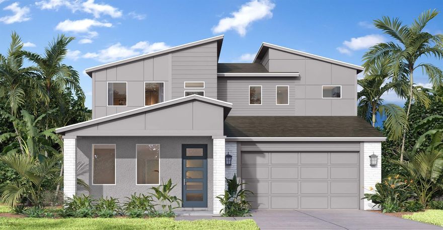 Under Construction. Beautiful 2,753 sq ft home featuring 4 bedrooms, 3.5 bathrooms, and a flex room on the first floor—perfect for an office or guest space. Open-concept layout with abundant natural light from panoramic windows. Tile flooring throughout the first floor and wet areas, with carpet in bedrooms, stairs, and flex room. The primary suite is conveniently located on the first floor. Upstairs offers 3 additional bedrooms with walk-in closets, 2 full bathrooms, and a spacious loft ideal for entertaining. Enjoy a covered lanai with pavers, paver driveway, and a modern elevation with great curb appeal.