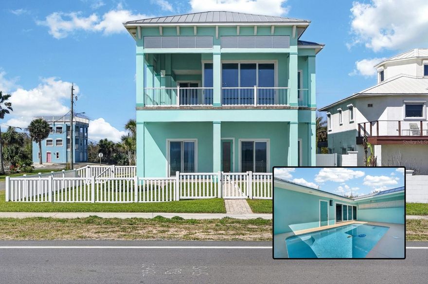 Experience the pinnacle of coastal luxury in this stunning oceanfront residence, expertly built in 2021 by Intracoastal Homes.

Designed to capture breathtaking views of the Atlantic Ocean, this exceptional property offers 4 bedrooms, 3.5 baths, and a private casita—perfectly blending sophisticated design with effortless coastal living.

The second-floor primary suite is a true retreat, thoughtfully positioned to maximize panoramic ocean views. Enjoy direct access to an expansive balcony, a custom walk-in closet with built-ins, and a spa-inspired bath featuring a walk-in shower with bench seating, dual shower heads, double vanities, and a private water closet with bidet.

At the heart of the home, the chef’s kitchen is designed for both function and style, showcasing premium Monogram Appliances including a 6-burner gas range with griddle and double ovens, side-by-side refrigerator, dual refrigerator drawers, microwave, farmhouse sink, and a spacious walk-in pantry with beverage fridge. The oversized island flows seamlessly into the open living and dining areas—ideal for entertaining.

The main living space is nothing short of spectacular, featuring a zero-corner sliding glass wall that disappears to create a seamless indoor-outdoor experience, opening to over 600 square feet of oceanfront balcony space—perfect for enjoying sunrise views and coastal breezes.

The first floor offers three generously sized guest bedrooms, two with ocean views and direct patio access. A full guest bath with exterior entry provides convenience after beach days, along with a dedicated laundry area for added functionality. On the west side of the home, a private outdoor oasis awaits—complete with a heated and chilled saltwater pool, built-in grill, bar area, and a detached casita featuring a full bath, kitchenette, and secure storage/safe room.

Luxury finishes are evident throughout, including LVP cork-backed flooring, porcelain tile in baths, custom ceiling beams, wide baseboards, designer cabinetry, designer tile, and high-end lighting fixtures. Whole house water purifier for fresh crisp clean water from anywhere in the home, whole house gas powered generator along with underground electrical connections add peace of mind in inclimate weather. 

For the modern homeowner, this residence is equipped with a full smart home system powered by Control4, managing audio, video, TVs, surround sound, indoor and outdoor speakers, electric blinds, garage doors, thermostats, door locks, pool systems, and Lutron lighting.

Additional highlights include two separate garages—one two-car garage and one single-car garage—both with split AC systems, natural gas service, and the inclusion of all mounted TVs, built-in audio components, and transferable manufacturer warranties.

This is a rare opportunity to own a turnkey oceanfront masterpiece where luxury, technology, and coastal elegance converge. Littoral rights will convey with the sale of this property, public beach walkover is located to the right of the littoral property. 

Nestled along Florida’s scenic Atlantic coastline, Flagler Beach offers the perfect blend of Old Florida charm and relaxed coastal living. Positioned between St. Augustine and Daytona Beach, this hidden gem is known for its uncrowded shoreline, friendly community, and laid-back beach town vibe.
