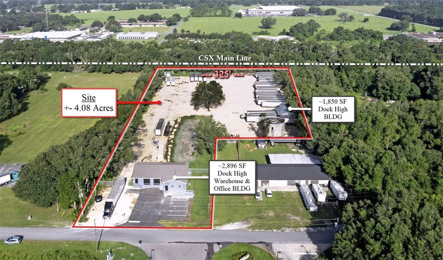 4+ Acre Industrial Outdoor Storage Warehouse Facility in Bushnell, Fl. The property includes Two Dock High Warehouses – Building #1 features 2,896 SF with a mix of warehouse and office space with three private offices, a reception, a break room, and a bathroom; Building #2 features 1,850 SF open air warehouse space. Zoned for light industrial uses and ideal for all industrial outdoor storage uses. Its excellent location near I-75 off Hwy 301 enhances connectivity to major Florida cities, making it an ideal choice for businesses seeking growth in a strategic locale.