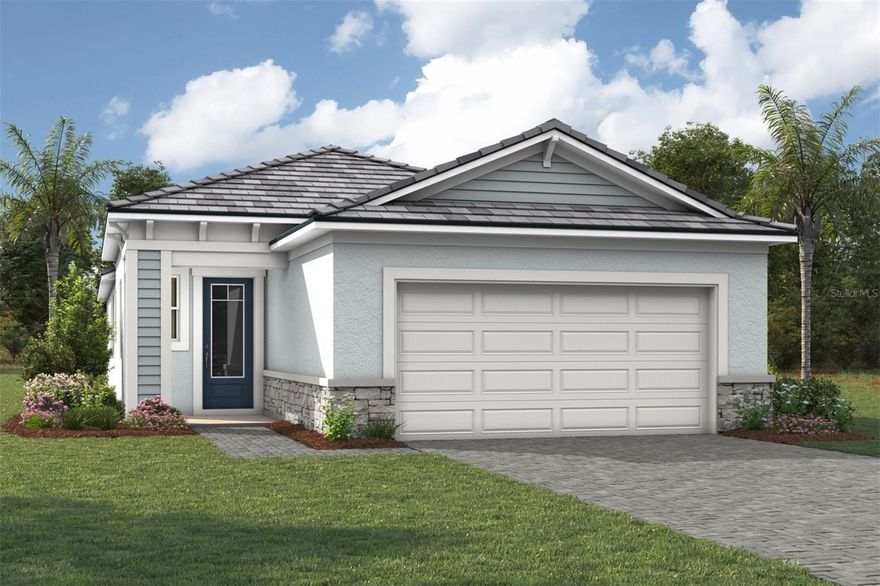 Welcome to the Sandstone model with a Coastal elevation in Brightmore, a vibrant 55+ community designed for active, connected living. This thoughtfully designed home offers 2 bedrooms, a private study in place of a flex room, and 2 and a half bathrooms within an open-concept layout where natural light spills in, brightening every inviting space. The kitchen shines with light gray cabinetry featuring soft-close doors and drawers, elegant crown molding, sleek hardware, and off-white quartz countertops with delicate gray and taupe veining reminiscent of natural marble, complemented by ENERGY STAR stainless steel appliances and a spacious island perfect for gathering. Plank tile flooring flows throughout the main living areas, while soft carpeting adds comfort to the bedrooms. The owner’s suite serves as a relaxing retreat with dual sinks and a spacious shower with tile carried to the ceiling, while Bath 2 features a recessed shower for added convenience. The covered lanai with paver flooring and a screen enclosure creates a seamless indoor-outdoor living space, ideal for enjoying Florida’s sunshine year-round. This home also includes a full appliance package with washer and dryer, impact windows, and thoughtfully selected finishes throughout. Beyond your front door, Brightmore offers a welcoming, amenity-rich lifestyle centered around a beautifully designed lakefront amenity campus, where residents enjoy a resort-style pool with an expansive sun deck, a clubhouse for social gatherings and events, a state-of-the-art fitness center, pickleball courts, scenic walking paths, and an on-site restaurant and bar perfect for casual dining and connecting with neighbors, all brought to life by a dedicated lifestyle director who curates a full calendar of engaging activities, with convenient access to shopping, dining, medical facilities, and Gulf Coast beaches completing the ideal blend of comfort, style, and active adult living.
*** Photos, renderings and plans are for illustrative purposes only and should never be relied upon and may vary from the actual home. Pricing, dimensions and features can change at any time without notice or obligation. The photos may be from a furnished model home and not the home offered for sale.