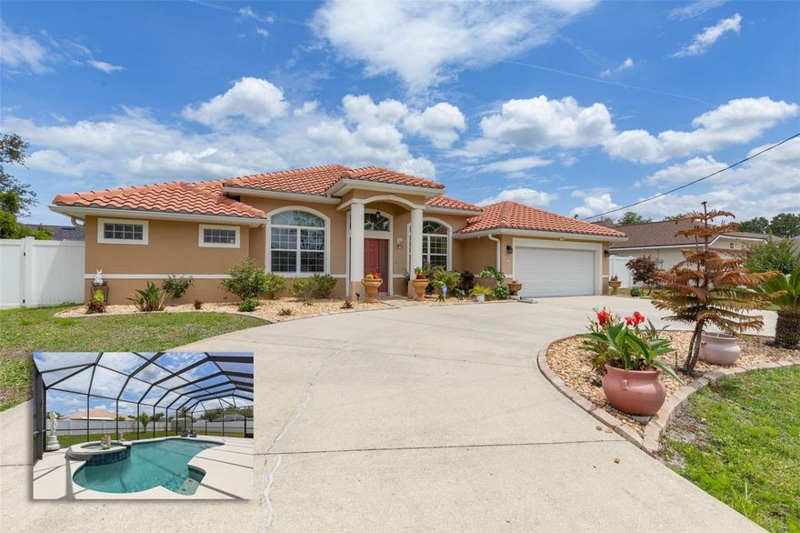 Welcome to this meticulously well maintained three bedroom, plus den, two bath, two car garage pool home located in highly sought-after F section of Palm Coast. This home boasts a stunning curb appeal , tile roof and circular driveway. The minute you step inside you are greeted with 11 ft  ceilings adorned with crown molding in main living area, a formal dining and a dedicated den /office room. In the great room sliders open onto a covered screened lanai and beautiful pool area ideal for entertaining, family gatherings, al fresco dining or the prefect space to unwind and relax. The kitchen is complete with a breakfast nook and bar; granite counter-tops , stainless steel appliances, two pantries, plenty of cabinets and ample counter space for all your culinary needs. Split floor plan to enhance privacy, the master suite features 9 ft double tray ceilings, a huge ensuite bath with dual cultural marble vanities, a jetted tub, large walk in tiled shower, a water closet and a generous master closet.  On the opposite side of the home two additional bedrooms share a bathroom that doubles as a pool path. Additional features: in house utility room, ceramic tile through home except engineered hardwood floors in bedrooms, garage door opener, automated screen garage door, fenced yard with shed, rain gutters, sprinkle system on well, lanai has been pre-plumbed for summer kitchen, three security cameras, water filtration system. This home is conveniently located close to Matanzas High School, shopping, medical, restaurants , parks, walking/jogging trails, and a short drive to the beach. Come see this one of a kind home that offers the perfect blend of lifestly and location. Do not miss this oportunity!!