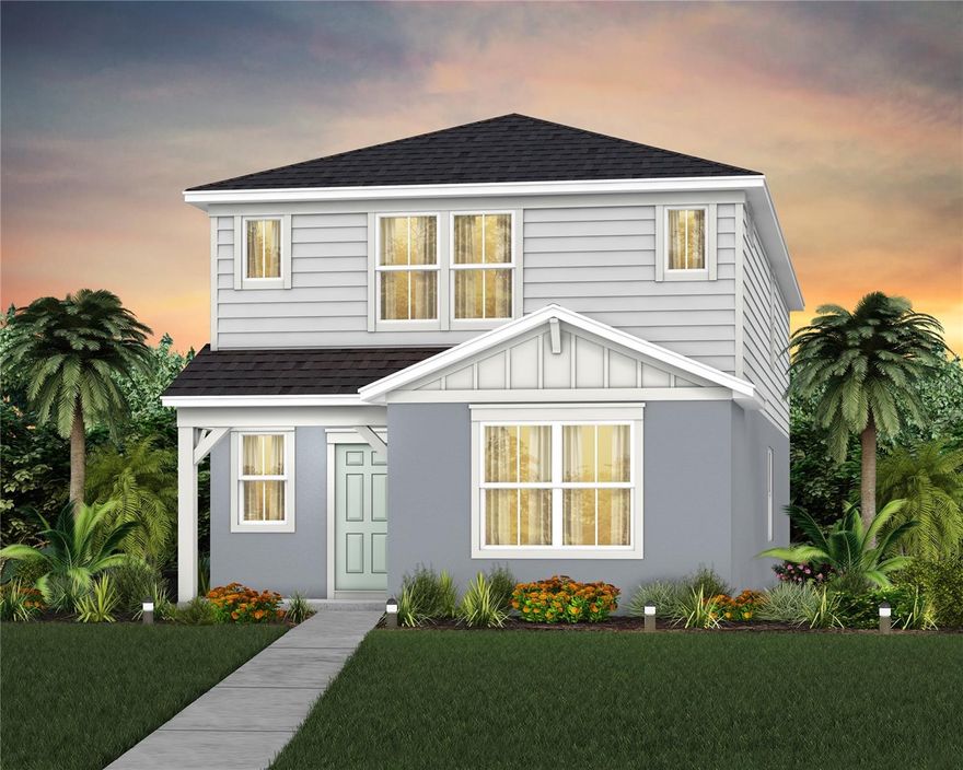 Under Construction. EverBe is a new master planned community where convenience and connections combine to create a new standard for home. Located in Orlando with quick access to 417 & 528, this lifestyle community will offer miles of pathways & trails, wi-fi-enabled green spaces, unique outdoor recreation areas, a fitness center, a clubhouse complex with resort pool, 2G internet, and a waterfront amenity and town center. Get excited for EverBe - everything home should ever be!
Introducing the Caden bungalow, a brand-new home that combines modern design and ultimate comfort. Featuring our Farmhouse exterior, this home includes a charming front porch, 5 spacious bedrooms, 3 full bathrooms, a loft, and a 2-car rear-load attached garage. The heart of the home is the open-concept kitchen, café, and gathering room, all bathed in natural light. This inviting space is perfect for both everyday living and entertaining. The kitchen boasts a large center island, a convenient storage pantry, and top-of-the-line Whirlpool stainless steel appliances—including a refrigerator. Elkins white cabinets, a decorative tile backsplash, and Blanco Maple quartz countertops complete the sophisticated look. For added convenience, the first floor includes a secondary bedroom and full bathroom. Upstairs, you’ll find the private owner’s suite and bathroom, three additional bedrooms, another full bathroom, loft, linen closet, and the laundry room. The owner’s suite is a true retreat, featuring a walk-in closet and a luxurious en suite bathroom with a heavy glass-enclosed shower, quartz-topped dual vanity, and private water closet. Throughout the first floor living spaces enjoy the beauty of wood-look luxury vinyl plank and the convenience of tile in the bathrooms and laundry room. Plush, stain-resistant Shaw brand carpet covers the stairs, loft, and bedrooms, adding comfort and style. Smart home features include a smart thermostat, a video doorbell, and additional LED downlights—ensuring your home is as connected as it is stunning. This new construction home perfectly blends luxury, convenience, and modern design, making it the ideal place to live and unwind.