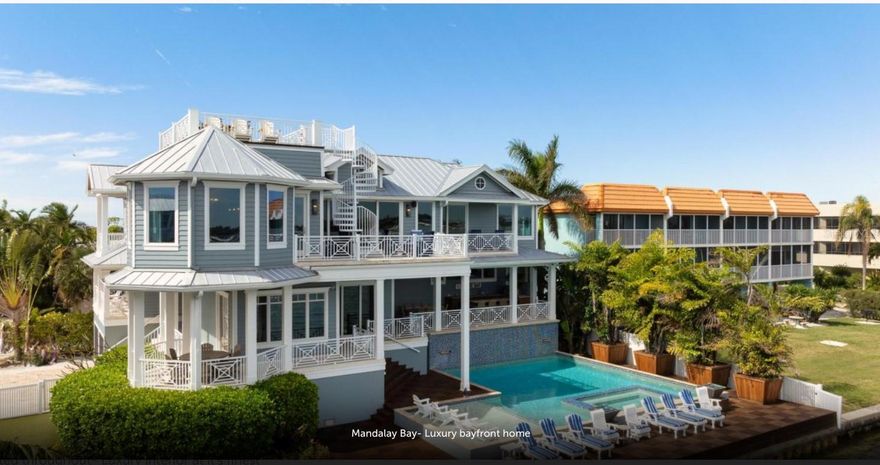 Experience the pinnacle of waterfront living in this extraordinary custom bayfront estate, offered fully turn-key and professionally decorated. Encompassing 6,000 square feet of living space and 8,747 square feet under roof, this architectural masterpiece delivers breathtaking 360-degree panoramic views of the Gulf of Mexico and The Inter Coastal Water Way,through dramatic floor-to-ceiling glass walls.  Designed for both grand entertaining and relaxed coastal living, the residence features 7 spacious bedrooms, 5 full bathrooms, and 2 half baths. Two fully equipped gourmet kitchens showcase solid wood custom cabinetry, striking tile backsplashes, oversized marble countertops with expansive islands, and high-end stainless-steel appliances, including gas ranges—perfect for hosting family and guests with ease.  The luxurious primary suite offers a serene retreat with an elegant en-suite bath, complete with a soaking tub and walk-in steam shower. Additional highlights include an elevator, private theater room and a game room with pool table, creating exceptional indoor entertainment spaces.  Outdoor living is elevated to resort caliber with expansive balconies featuring a built-in outdoor kitchen, bar, and dining area—ideal for sunset gatherings. The spectacular heated pool boasts a waterfall feature, sun shelf, and a spa with custom lighting, all overlooking tranquil bay waters.
Boating enthusiasts will appreciate the private dock, two boat lifts, and jet ski lift, while a rooftop deck offers yet another vantage point for unforgettable views and stargazing.  Recent upgrades include five new central HVAC systems, new flooring, new garage doors, new poolside tile, fresh interior and exterior paint, designer wallpaper, updated light fixtures, and new washer and dryer—ensuring effortless, worry-free ownership.  This property is ideally suited for weekly short-term rentals, offering a rare opportunity to combine luxury ownership with strong income potential.  Its premier bayfront location, expansive sleeping capacity, resort style amenities, and turnkey, professionally decorated interiors make it highly desirable for high end vacation rentals and multi-family retreats on Anna Maria Island.  This is a rare opportunity to own a one-of-a- kind luxury home with timeless design, modern upgrades, and unparalleled water views converge.
