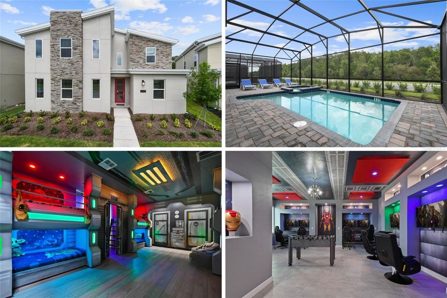 Welcome to this extraordinary 8-bedroom luxury home located in the highly sought-after Storey Lake Resort in Kissimmee. Fully furnished and professionally themed throughout, this residence delivers a true turnkey experience for vacation rental investors and families seeking an exceptional second home just minutes from Walt Disney World. The main floor centers around an expansive open-concept layout with a beautifully appointed living room, spacious dining area for large groups, and a gourmet kitchen featuring quartz countertops, stainless steel appliances, 42-inch cabinetry, and an oversized island with seating for six. One elegant king bedrooms are conveniently located on the first level, offering comfort and privacy for multi-generational groups. Sliding doors open to a private screened outdoor oasis complete with a heated pool, spa, covered patio, outdoor dining, and sun loungers — the perfect place to enjoy Florida living. The upper level elevates the guest experience with an impressive Avengers-style entertainment loft and multiple themed bedrooms thoughtfully designed to delight every age group, including Frozen, Star Wars, Harry Potter, Minecraft, and more. Additional king bedrooms and tastefully decorated suites ensure ample space and comfort for large parties. Every room boasts coordinated décor, premium bedding, and smart TVs. The home also features a full Avengers-themed game room equipped with pool table, air hockey, gaming area, and vibrant mural work. This residence has been meticulously maintained and curated to maximize guest enjoyment and convenience, offering a seamless transition for short-term rental use or immediate personal enjoyment. Storey Lake is one of Central Florida’s most desirable resort communities, offering gated access and world-class amenities including multiple pools, lazy river, water slides, splash park, fitness center, tiki bar, sports courts, and mini-golf. Ideally located minutes from Disney, Universal, shopping, dining, and major highways. A rare opportunity to acquire a fully turnkey 8-bedroom resort home in a premier community with outstanding rental appeal and no setup required.