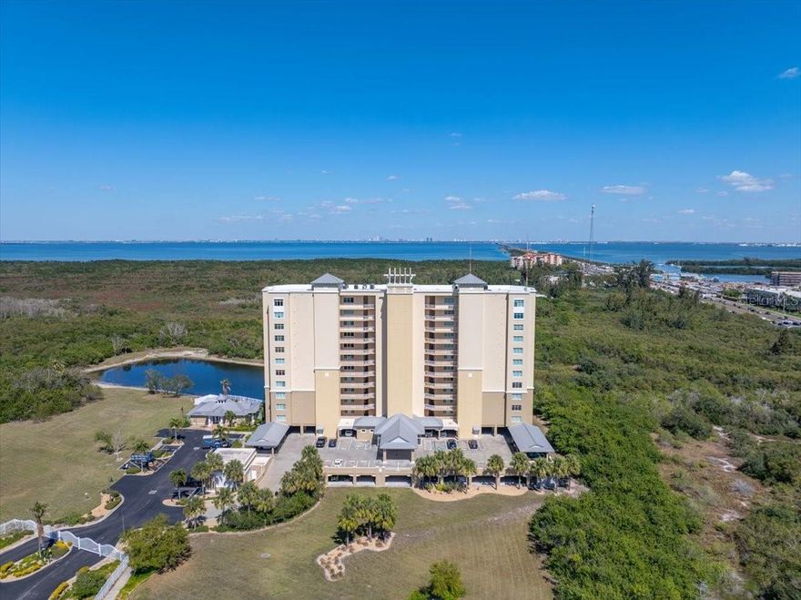 Welcome to Mangrove Cay! Experience luxury waterfront living with exceptional views of Tampa Bay and resort-style amenities perfectly situated between St. Pete and Tampa. This newly renovated, turn-key unit spans 1,600 sq ft and features 2 bedrooms, 2 full bathrooms, and two private balconies that flood the open floor plan with natural light and bright, neutral tones. Witness incredible sunrises and local wildlife from your own home, which features a completely updated kitchen (2023) with luxury Quartz countertops, LG appliances, and custom built-in pantry shelving. Both bathrooms were remodeled in 2023, including a spa-like primary ensuite with a standalone tub, separate vanities, and a glass-door shower. High-quality finishes continue throughout with new luxury vinyl plank flooring (2021), fresh paint, and new light fixtures. Major systems offer total peace of mind, including a new HVAC (2023), hot water heater (2021), and hurricane-impact rated windows and doors. The primary suite features tray ceilings and a dedicated walk-in closet with an Elfa shelving system, while the spacious guest room easily accommodates a queen bed and a home office. Built in 2007 of solid construction, this building offers healthy reserves and low HOA fees that cover cable, internet, water, sewer, and trash. Residents enjoy a gated community with a great clubhouse and a heated pool that was freshly resurfaced and retiled in 2025. Ideally located just 10 minutes to Downtown St. Pete and 10 minutes over the bridge to Tampa—all you need to do is turn the key!