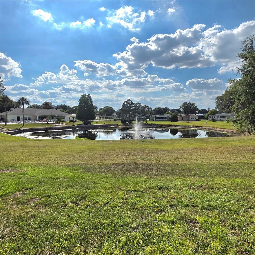 Waterfront view home on a large lot in amenity-rich community with clubhouse, pool, shuffleboard and fishing pond. This 2 bedroom 2 bathroom home features a completely remodeled kitchen with stone counter tops, custom pull-out cabinetry, and luxury vinyl plank flooring.  New carpet throughout most of home. Glass-enclosed Florida room with A/C overlooks pond and clubhouse. The guest bathroom includes a washer and dryer. Widened driveway, deep carport fits car + golf cart. Shed under a carport with water softener and storage/workshop space. Move-in ready partially furnished and conveniently located near all community amenities. Own your land in this 55+ Community. The roof was replaced in 2009.