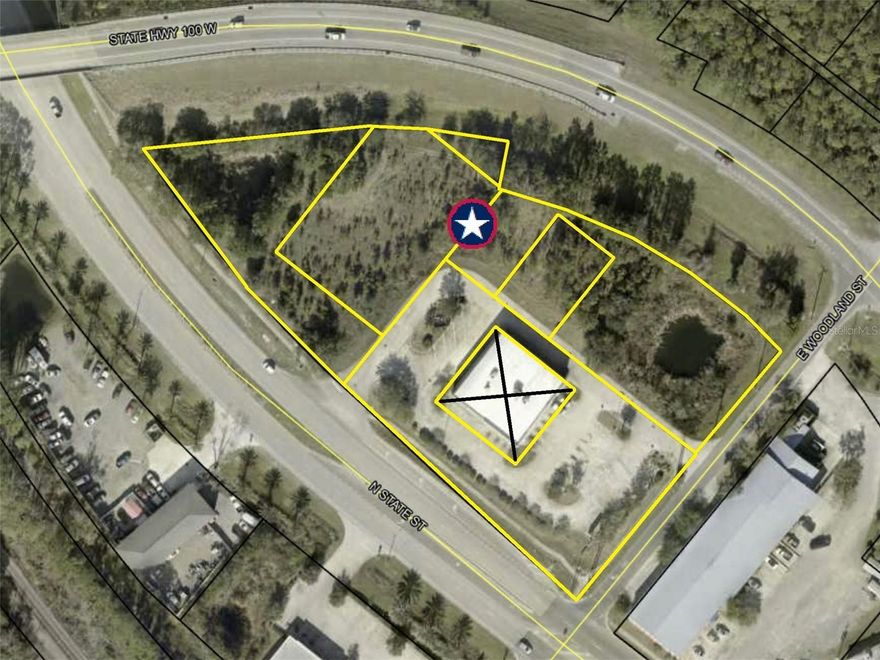 Five parcel assemblage at the junction of N State St (US-1), SR 100 W and E Woodland St. Total of 3.37 acres pad-ready for development with utilities at the site. Conceptual plan for two buildings. 300+ feet of frontage on US-1, 700+ feet of frontage on SR 100 W, 100+ feet of frontage on E Woodland St. Directly adjacent to Advance Auto Parts and across from O’Reilly Auto Parts. Zoned City of Bunnell B-1 (Business) which allows retail, service, restaurant, automotive uses, etc. FLDOT AADT 19,600 on US-1 and 10,100 on SR 100W.