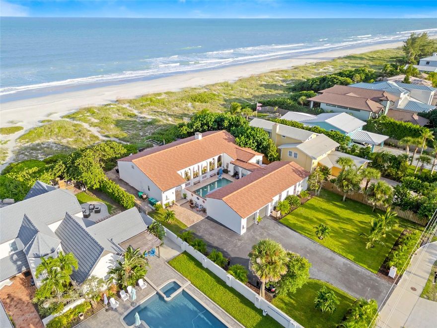 Direct Oceanfront Hacienda with Private Beach Access. Experience the ultimate coastal retreat with this one-of-a-kind Hacienda residence boasting 100 feet of direct ocean frontage in Cocoa Beach. Enjoy sweeping Atlantic views and your very own private beach access just steps from your backyard. The main home showcases timeless architectural design with soaring 10-foot ceilings, rustic wood beams, classic tile floors, and a warm fireplace in the family room. Recent updates include a beautifully renovated kitchen with quartz countertops and refreshed bathrooms, blending modern elegance with enduring charm. A private courtyard pool creates the perfect setting for entertaining, while a detached guest house offers additional space for family, friends, or guests. Currently operating as a licensed Airbnb, this property generates consistent income, making it an ideal combination of personal sanctuary and smart investment.