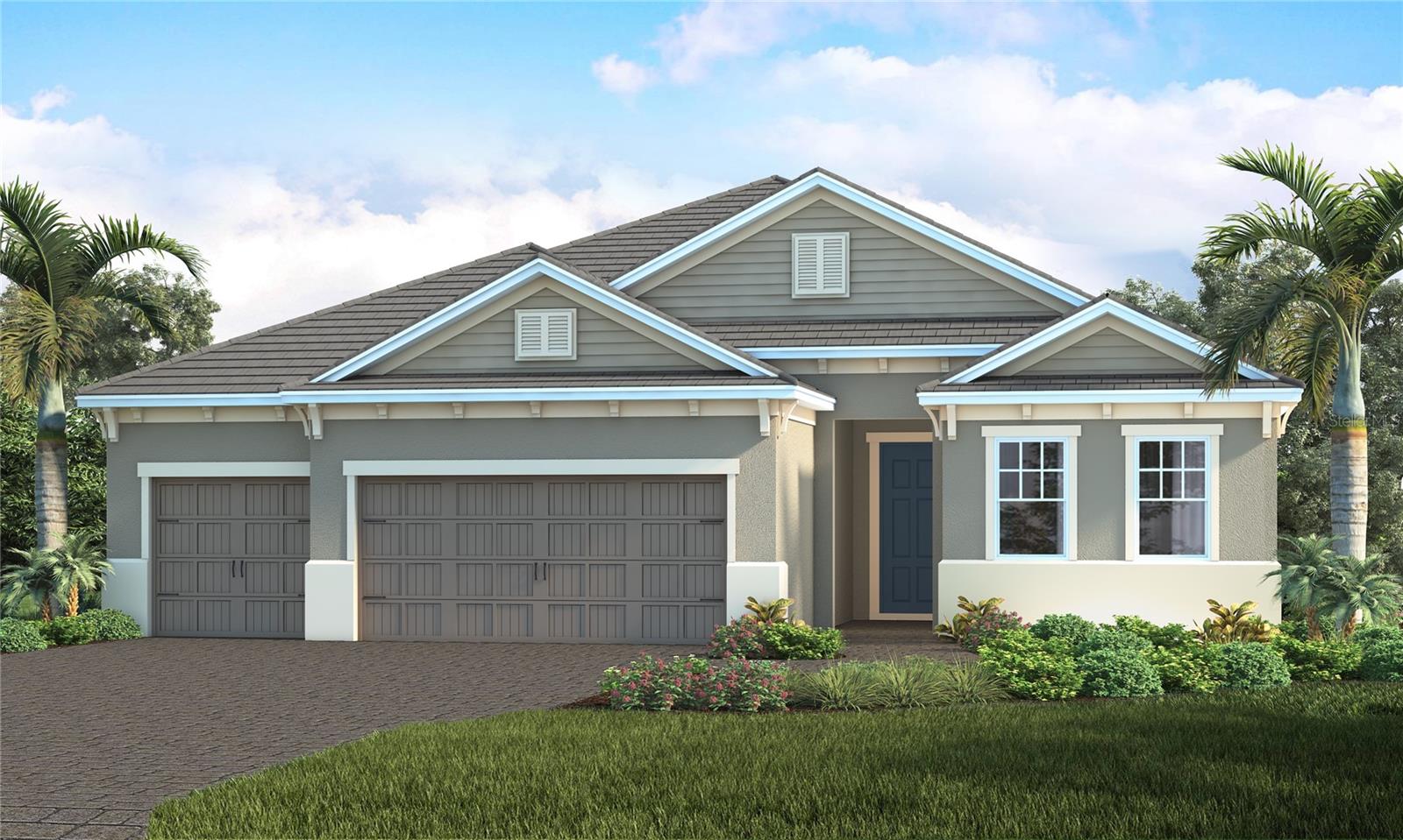 Under Construction. The Silver Sky Floorplan is perfect for a family, entertaining or extra room for guest's. The foyer/ gallery entry makes an elegant impression leading to an open great room/dining area with sliding glass doors and pool bath.
This home includes a den with double swing doors, a large utility room, guest room with en suite, a luxurious master suite that has two walk in closets and two secondary bedrooms. The large covered lanai has a gas stub for grilling and dedicated circuit for refrigerator at outdoor kitchen. A two foot garage extension was added.
This spacious new home design is located on a corner homesite with extra green space behind and beside the home providing additional common area on two sides of the home. Conveniently located near a gated entry to go for a bicycle ride, golf cart or take a stroll Downtown Wellen Park close by.