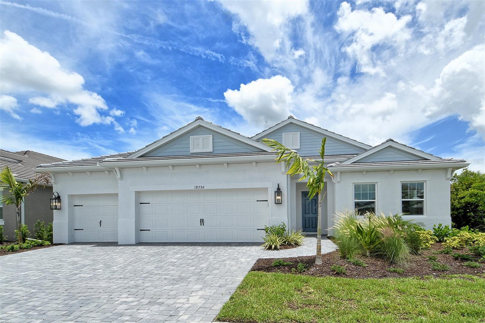 The Silver Sky Floorplan is perfect for a family, entertaining or extra room for guest's. The foyer/ gallery entry makes an elegant impression leading to an open great room/dining area with sliding glass doors and pool bath.
This home includes a den with double swing doors, a large utility room, guest room with en suite, a luxurious master suite that has two walk in closets and two secondary bedrooms. The large covered lanai has a gas stub for grilling and dedicated circuit for refrigerator at outdoor kitchen. A two foot garage extension was added.
This spacious new home design is located on a corner homesite with extra green space behind and beside the home providing additional common area on two sides of the home. Conveniently located near a gated entry to go for a bicycle ride, golf cart or take a stroll Downtown Wellen Park close by.