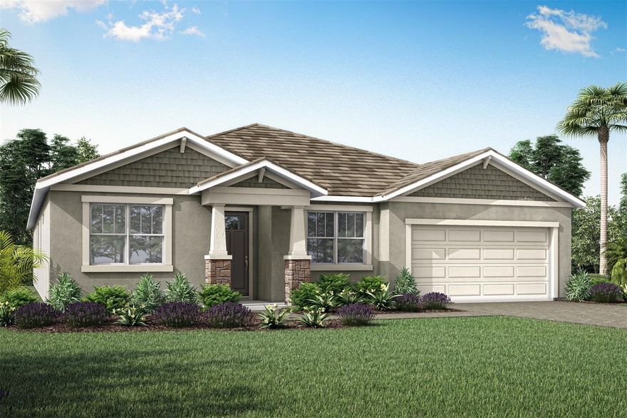This Red Rock floor plan with a Craftsman elevation offers spacious living and thoughtful design in the inviting Sunstone Lakeside community. The open layout is anchored by luxury vinyl plank flooring in the foyer, kitchen, great room, study, and game room, installed front to back to create a clean, continuous flow, while the bathrooms feature large-format tile flooring that adds durability and visual balance. The kitchen is designed for both everyday living and entertaining, showcasing warm wood-tone cabinetry, 42-inch uppers with crown molding, an oversized island, light quartz countertops with a smooth, consistent appearance, a stacked glossy tile backsplash, and ENERGY STAR stainless steel appliances. A dedicated study replaces the flex room, offering a private space ideal for a home office, and French doors at the game room add architectural interest and flexibility. The owner’s suite is generously sized and includes a well-appointed bathroom with raised-height vanities, rectangular undermount sinks, coordinating wall and floor tile, and a tiled shower with tile extended to the ceiling. Secondary bedrooms are comfortably finished with soft carpeting, impact windows are included throughout, and a covered lanai with craftsman-style pavers extends the living space outdoors. Washer and dryer are included for added convenience. Residents of Sunstone Lakeside enjoy a lifestyle enhanced by a dedicated lifestyle director and two thoughtfully planned amenity centers featuring resort-style pools, pickleball courts, fitness facilities, social gathering spaces, and scenic walking trails surrounding the lake, all conveniently located near shopping, dining, and everyday essentials.
***Photos, renderings and plans are for illustrative purposes only and should never be relied upon and may vary from the actual home. Pricing, dimensions and features can change at any time without notice or obligation. The photos may be from a furnished model home and not the home offered for sale.