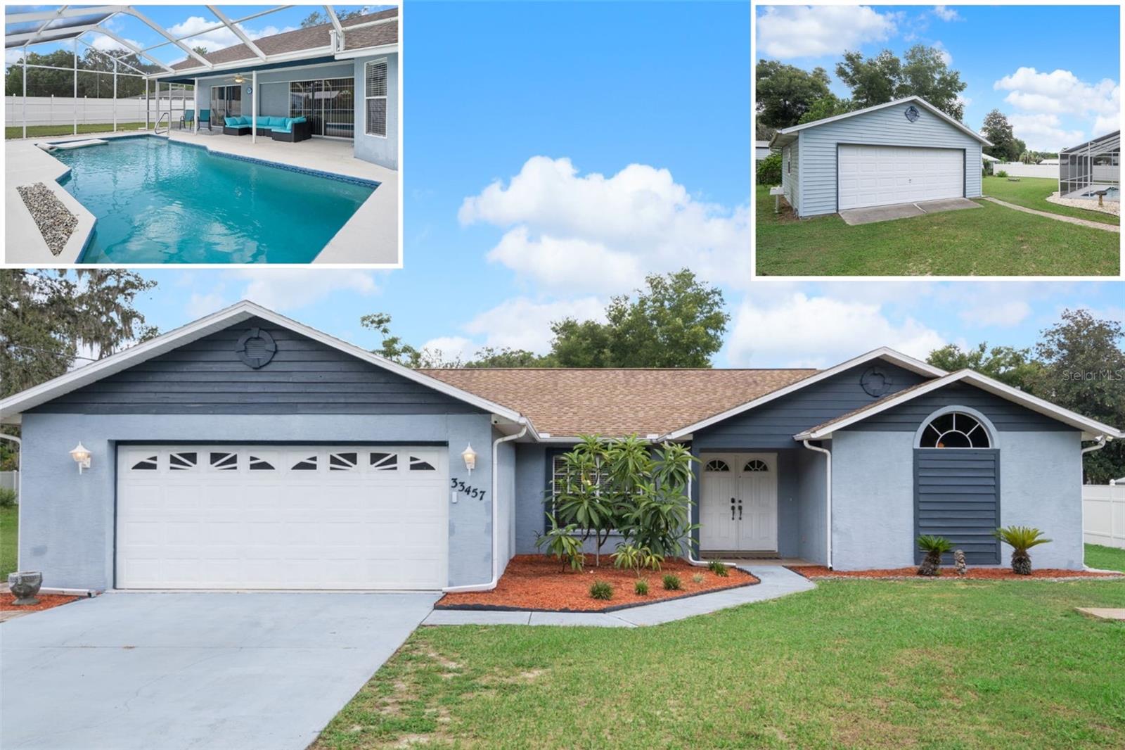 Just listed in Ridge Manor, this beautifully maintained 3-bedroom, 2-bath pool home offers the perfect blend of space, privacy, and functionality. Located on just under half an acre with no HOA, no CDD and no flood zone, this property features a 2-car attached garage plus a large 572sf detached 2-car garage/workshop complete with a golf cart door and side entry—ideal for extra storage, hobbies, or a man cave. Inside, the open and split floor plan is enhanced by vaulted ceilings and double front doors, creating a bright and spacious feel throughout. The kitchen is equipped with stainless steel appliances, granite countertops, and flows seamlessly into the main living areas, making it perfect for entertaining. Both bathrooms have been tastefully remodeled. The large master suite includes two walk-in closets and a luxurious en suite bathroom with dual vanities, a soaking tub, and a separate walk-in shower. Two additional bedrooms share a guest bathroom that also serves as a convenient pool bath. Step outside to your private backyard oasis featuring a heated inground pool, a 2020 pool pump, and a brand-new pool robot added in 2025 to keep the water sparkling. Enjoy the mature landscaping with lemon, loquat, orange, and grapefruit trees, a firepit for cozy evenings, and a full gutter system. Additional updates include a 2013 roof on the main home, 2020 roof on the detached garage, a 2021 water heater, and septic service completed in 2023. All appliances, including the washer, dryer, an extra refrigerator in the garage, and a riding lawn mower are included. This is a rare opportunity to own a spacious pool home with a detached workshop in a quiet, established neighborhood. Schedule your private showing today.
