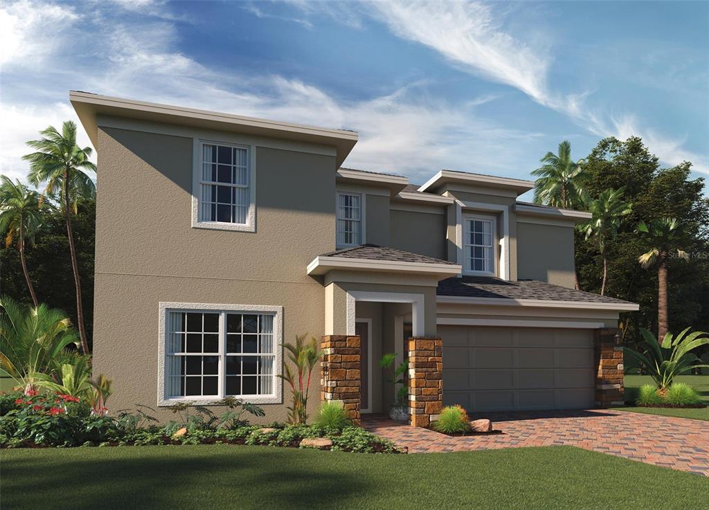 Under Construction. The Newcastle is a two-story home that focuses on functionality and gathering spaces. The first floor features a large living room, which can function as a formal dining room, an office space or a game room. The generous kitchen opens up to the dining and living space as well as the covered lanai—perfect for entertaining and gathering. The second floor, along with the bedrooms and laundry space, features an enormous gathering room—perfect for a kids’ playroom, media room or home exercise suite.
This stunning inventory home features upgrades throughout, including 42? kitchen cabinets with crown, flooring upgrades, and solid surface countertops.