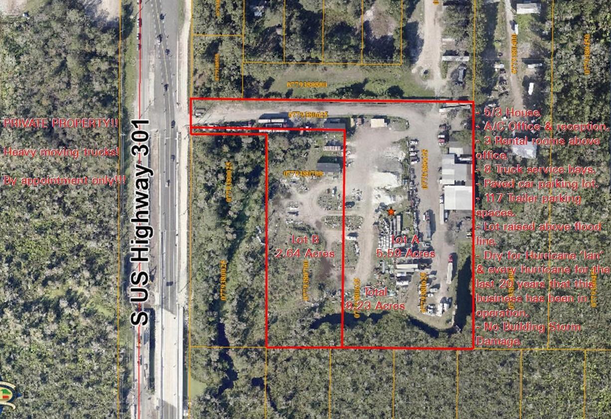 See Virtual Tour ~ Currently zoned ASC-1 - Future zoning SR-4 mixed use of neighborhood commercial & 4 homes per acre on the rest - Strip Mall, Offices, Storage, Car Wash ~ This breathtaking lot has amazing ponds & trees on the South side that will make a stunning family common area, including fishing ~ 301 development is now only 1 mile North & moving South fast ~ Currently a ‘Truck service & Trailer parking business’ for 20 years with up to 117 Trailer parking spaces - the current grand-fathered use of CI (Commercial Intensive) will NOT be an allowed future use ~ 7 Buildings - 5/3 House 1,709 sq/ft, A/C Office with reception & 3 upstairs rental rooms, 3 Truck service sheds with 8 service bays, 2 Manufactured homes, Paved customer parking lot for 14+ cars ~ 2 Lots:- A&B - 15040 & 15048 S 301 HWY - 8.23 Acres - Folio#’s:- 077938-0625 & 077938-0700 - Both lots raised 3+ feet to be above flood line - No hurricane flooding or building damage in 20 years ~ Lot A: 5.6 of which 5.36 acres is dry - Lot B: 2.64 of 1.67 acres is dry (with fill it can be increased to 2.3 acres dry) ~ LOCATION: 7 Minute drive from I-75 Exit 242 (Big Bend Rd) - see pictures.