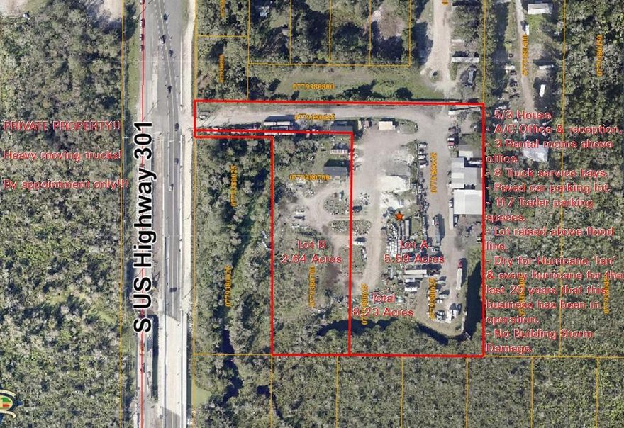 See Virtual Tour ~ Currently zoned ASC-1 - Future zoning SR-4 mixed use of neighborhood commercial & 4 homes per acre on the rest - Strip Mall, Offices, Storage, Car Wash ~ This breathtaking lot has amazing ponds & trees on the South side that will make a stunning family common area, including fishing ~ 301 development is now only 1 mile North & moving South fast ~ Currently a ‘Truck service & Trailer parking business’ for 20 years with up to 117 Trailer parking spaces - the current grand-fathered use of CI (Commercial Intensive) will NOT be an allowed future use ~ 7 Buildings - 5/3 House 1,709 sq/ft, A/C Office with reception & 3 upstairs rental rooms, 3 Truck service sheds with 8 service bays, 2 Manufactured homes, Paved customer parking lot for 14+ cars ~ 2 Lots:- A&B - 15040 & 15048 S 301 HWY - 8.23 Acres - Folio#’s:- 077938-0625 & 077938-0700 - Both lots raised 3+ feet to be above flood line - No hurricane flooding or building damage in 20 years ~ Lot A: 5.6 of which 5.36 acres is dry - Lot B: 2.64 of 1.67 acres is dry (with fill it can be increased to 2.3 acres dry) ~ LOCATION: 7 Minute drive from I-75 Exit 242 (Big Bend Rd) - see pictures.