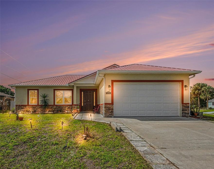 Built in 2023, this 3-bedroom, 2-bath concrete block home offers modern, move-in ready living on a corner lot
with CITY WATER. Designed for low-maintenance living, it features a metal roof, tile flooring throughout (no
carpet), crown molding, gutters, and a screened-in patio. Open-concept layout with great natural light creates
a clean, modern feel. The kitchen includes granite countertops, stainless steel appliances, updated lighting,
and sleek finishes. The spacious primary suite offers dual walk-in closets and an ensuite bath with double
sinks, jetted tub, and separate shower. Conveniently located close to restaurants, shopping, and everyday
essentials, this home checks all the boxes for comfort, style, and convenience. Low maintenance and built for
real life.