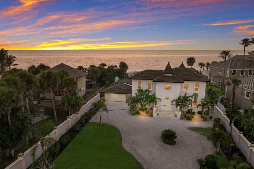 Discover the exclusive allure of this beachfront gem on Manasota Key. This secluded and gated haven, enclosed by privacy walls, promises a life of luxury and tranquility. It represents a rare opportunity to own nearly three-quarters of an acre on the widest part of the key. The property boasts 100 feet of beach frontage, offering breathtaking views of the Gulf of Mexico’s serene waters, endless sunsets, open-air terraces, outdoor patios, and sweeping beach vistas. At the heart of this expansive property is a central courtyard, a gathering space designed for relaxation and entertainment, separating the main house from the guest house, giving the ultimate comfort and privacy to you and your guests. It features a spectacular pool adorned with graceful fountains plus a full catering kitchen. With 4 bedrooms and 6 bathrooms spread over 4100 square feet, numerous improvements and modern luxuries have been added to each structure, such as updated appliances, impact-resistant windows, French doors, garage doors, and new sliders soon to be installed, ensuring comfort and peace of mind. The charm of this estate is further enhanced by its blend of casual and formal living spaces, a gorgeous interior bar, and a billiards room - perfect for hosting memorable gatherings. The décor combines the finest materials, with an array of exquisite marbles, intricate moldings from a bygone era, and superior wood craftsmanship. Another significant feature is the availability of professionally designed and "permitted" architectural plans for a transformation that skillfully blends opulence with character and functionality. These plans offer an exciting opportunity for the discerning buyer to add personal touches, making this slice of paradise truly their own. Located on a 9-mile stretch just south of Venice, Manasota Key offers an escape from city life, yet is close to trendy restaurants, shops, a beach club, and a state park. True beachfront properties are scarce as values continue to rise. Call today for a private viewing of this unparalleled property.