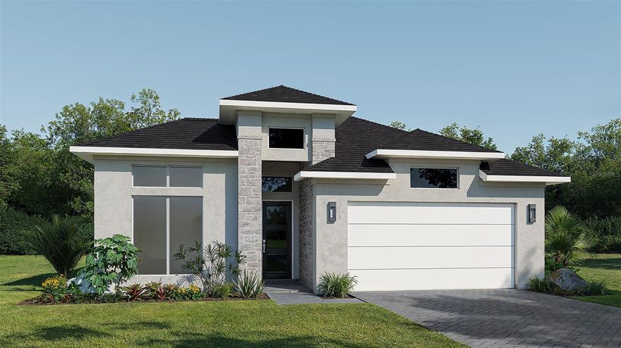 Under Construction. The front porch opens into a welcoming entryway with an extended tray ceiling that embraces the main hallway. A bonus flex room overlooks the front yard right off the front door. A full guest suite with a private bathroom and ample closet space is off the main hallway. The kitchen features an island with built-in seating and walk-in pantry. The dining area flows from the kitchen to the connecting family room which offers plenty of natural light from its wall of windows, a wood mantel fireplace and access to the backyard extended covered lanai. The primary bedroom has a wall of windows overlooking the backyard. Double doors lead into the bathroom which hosts dual vanities, a garden tub, glass enclosed shower, two walk-in closets and dual access to the laundry room. Two secondary bedrooms with a shared bathroom complete the home along with ample storage space throughout. The drop zone is located off the two-car garage.