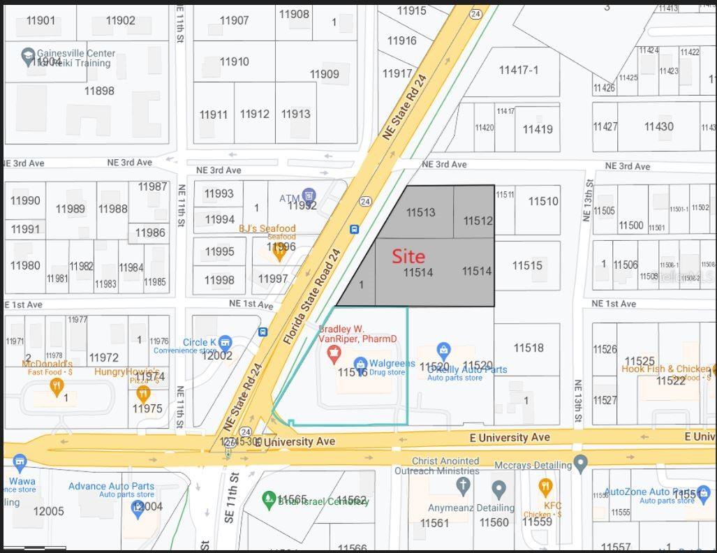This property is located right off Waldo Road approximately 100 yards from the intersection of Waldo Road and University Aveue, and Walgreens. The property has City of Gainesville U-7 mixed use zoning. The U-7 zoning allows business/retail, office and multi-family developments. The zoning on the property allows 50 units per acre and 4 stories by right and 60 units per acre and 6 stories by Special Use Permit. The property is located next to the Rails to Trails Greenway that connect the City of Gaineville to the City of Hawthorne. Within the last 18 months the area has added a WAWA and a Waffle House as new developments.