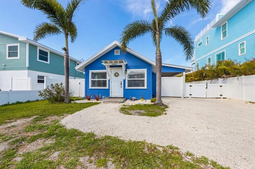 *** 15 DAY PRE HOLIDAY SEASON MARKET PRICE ADJUSTMENT**** You should be able to close before Thanksgiving and enjoy your island cottage home for this year's holidays and forever after...... Welcome to “Bungalow Breeze”. What you see is a fully permitted and totally renovated reincarnation of an “Old Florida cedar cottage” on a quiet street in Bradenton Beach. The home is turnkey furnished, ready for you to add your personal touches. Built in 1953, this is a two-bedroom and two-bath home with a pool. It is approximately three hundred steps from soft sand beaches of Anna Maria Island and one hundred steps to the bay. When you enter the home, you are welcomed by a spacious living room, dining area, moveable center island and kitchen that occupy the open bright airy space. The open-concept main room has freshly painted white walls and soaring vaulted ceilings with exposed beams. The primary bedroom has a large ensuite bath with a walk-in shower added in 2021. A new metal roof along with a full bath and covered patio was installed in 2019. It was designed to accommodate a future 3rd bedroom under the existing roof. The home features an in-house stackable washer and dryer and many other new appliances. This home has never been a vacation rental, as it was homesteaded as the seller’s primary residence. The owners upgraded the electrical system when the pool was installed in 2021. There is a large dry metal storage building on the property for all your beach toys. There is also room to park your RV and larger water toys inside the fenced yard. If you dream of Anna Maria Island as “old Florida”, this is as good as it gets. The home would make a great vacation rental, second home or a primary residence perfect to retire to in paradise. SCHEDULE YOUR SHOWING TODAY.!!!!