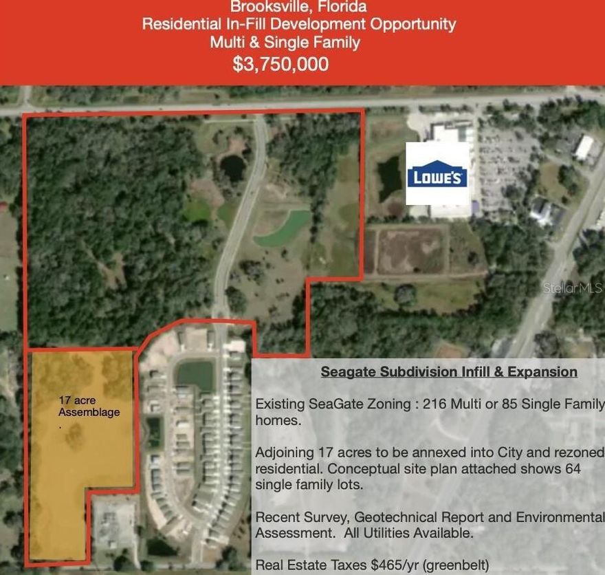 Multi-Family & Single Family In-fill Development Opportunity. First Phase of SeaGate 88 SF homes built out quickly . Remaining land is zoned to allow 216 Multi or 85 Single family units. Subdivision infrastructure in place, entrance feature, spine road, and all utilities. Sellers adjoining 17 & 7 acres together with balance of SeaGate land was recently site planned for 162 SF homes on 50 ft wide lots. Recent survey/ Geotechnical /Environmental Assessment. All utilities available.