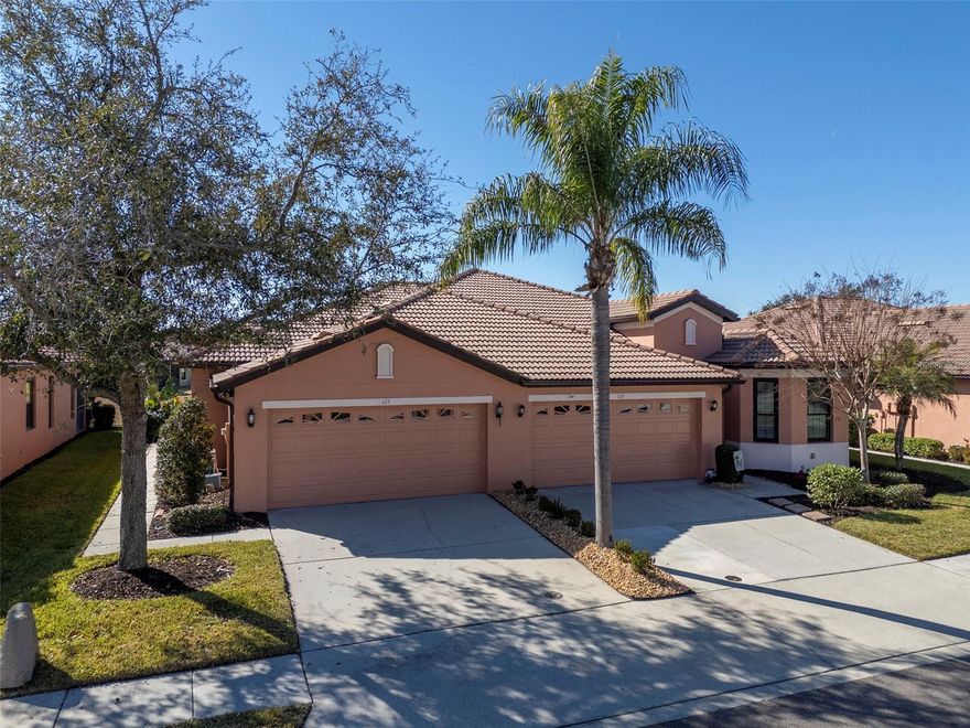 One or more photo(s) has been virtually staged. Welcome to easy coastal living in the vibrant 55+ Del Webb community of Apollo Beach, where every day feels like a getaway and neighbors quickly become friends. This beautifully maintained two bedroom, two bathroom villa by Centex offers comfortable single level living with a bright, open layout designed for both relaxation and entertaining. A private side entrance welcomes you into a light filled interior featuring ceramic tile throughout the main living areas and seamless flow between the kitchen, dining, and living spaces. The kitchen is perfectly positioned with Corian countertops and ample workspace, making it ideal for everything from casual mornings to hosting guests. A versatile den provides the flexibility for a home office, reading room, or additional guest space, while the spacious primary suite offers a peaceful retreat with a walk in closet and private bath. Everyday convenience is enhanced by an interior laundry room with full size washer and dryer and a two car garage for storage and ease. Step out to the screened lanai and take in tranquil water views across the expansive retention pond, creating the perfect backdrop for morning coffee or evening unwinding. With low monthly HOA fees and no CDD, this home offers true maintenance free living so you can spend more time enjoying the incredible resort style amenities including multiple pools, tennis and pickleball courts, a fitness center, clubhouse, and an active social calendar filled with opportunities to connect and stay engaged. Ideally located between Tampa and Sarasota with convenient access to beaches, dining, shopping, and medical facilities, this is your opportunity to embrace the lifestyle you have been waiting for, so schedule your private showing today and see why so many are choosing to call Del Webb Apollo Beach home.