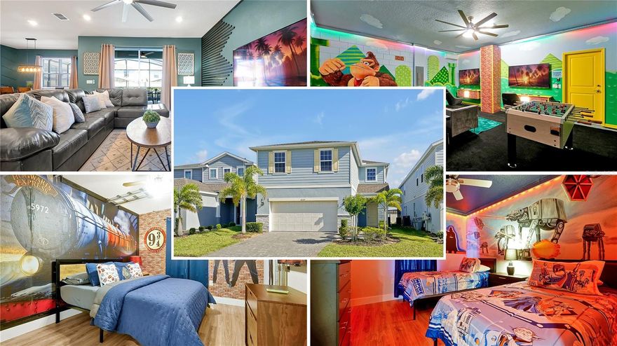 This exceptional 5-bedroom, 4-bath resort home in the iconic, Hawaiian-inspired Windsor Island Resort captures everything guests and owners love about the Orlando vacation lifestyle. The first floor features a convenient guest bedroom and full bath, ideal for multigenerational stays. Upstairs, you'll find an oversized owner’s suite, an additional en-suite bedroom, and two more spacious guest rooms—comfortably sleeping up to 10 guests. The garage has been converted into a fun-filled game room, adding even more appeal for vacationers. Enjoy a bright open-concept layout with a gourmet kitchen, spacious great room, and dining area that flows seamlessly to a covered lanai and private screened pool—perfect for indoor/outdoor entertaining. Just minutes from Disney, Windsor Island offers resort-style amenities including a lazy river, splash pad, water slides, fitness center, mini-golf, arcade, sports courts, and a 24/7 guarded gate. Conveniently situated near US 192 and I-4, this prime location places you just minutes from Disney, shopping, dining, and all of Central Florida’s top attractions.