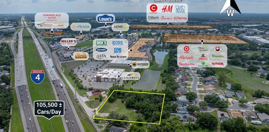 We are thrilled to present this nearly 2-acre property in North Lakeland, just north of Interstate 4 at Exit 32. This exit serves as a major Lakeland viaduct, providing easy access to Florida Avenue, the main thoroughfare connecting north and south within the city.

What makes this location truly special is that it’s one of the last remaining development sites in the area. It’s conveniently situated near Lakeland Park Center, which features major retailers like Dick's Sporting Goods, Ulta, Ross, Floor and Decor, as well as the Ford Garage restaurant and several hotels. Plus, Lakeland Square Mall is just across US 98.

Zoned C-5 by the City of Lakeland, this property offers a wide variety of potential uses, including: hotels, retail spaces, low and high-turnover restaurants, professional offices, personal service providers, veterinary clinics and daycare facilities.

The property is visible from Interstate 4, which averages traffic counts of 105,500 vehicles per day.

This is a fantastic opportunity to capitalize on a prime location in a thriving area.