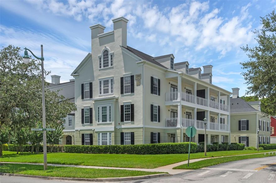 Take the elevator to your top-floor corner unit and step into this 3-bedroom, 2-bath “Kennedy” floor plan—one of the most spacious layouts in Georgetown at Celebration. The entry foyer welcomes you with a nicely sized coat closet and leads into an open-concept living and dining area featuring tray ceilings and crown molding.Tile flooring runs throughout the entire condo—no carpet anywhere—with decorative inlays. The kitchen offers a large breakfast bar with accent tile, ample counter space, and stainless steel appliances. The laundry closet, adjacent to the kitchen, includes a washer and dryer. Doors from both the living room and one of the bedrooms open onto a spacious 27-foot covered porch, ideal for relaxing or entertaining. All three bedrooms feature walk-in closets, and there’s an additional linen closet in the hallway. The primary suite includes dual sinks and a tiled walk-in shower. Water heater replaced in 2022. This condo can be sold furnished, offering a convenient option for those seeking a move-in-ready or turnkey property. Georgetown residents enjoy access to a community pool, clubhouse, tennis court, fitness center, playground, trash pickup, and a car wash station. Located with easy access to major highways and nearby shopping, dining, and the Walt Disney World Resort, this condo combines functionality, space, and low-maintenance living in one of Celebration’s most convenient neighborhoods. Celebration Florida is a residential community where you can enjoy parks, playgrounds, community pools, over 26 miles of walking/biking trails, with shopping and dining options right in town.