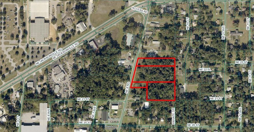 5.98 Acres, zoned B-4.  378' of frontage on NE 8th Road.  City sewer manhole on site, city water available. Survey available in listing office. Flood zone X & AE.