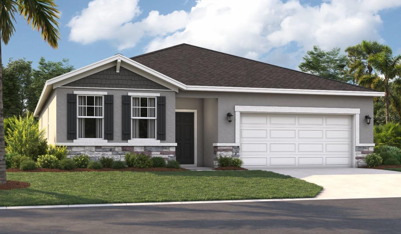 One or more photo(s) has been virtually staged. Under Construction. Located in the heart of Eustis and a short drive from downtown Mount Dora, Hidden Cove offers easy access to a variety of shopping, dining, and entertainment options. This peaceful, secluded neighborhood is surrounded by the stunning beauty of multiple lakes, including Lake Eustis, the focal point of the Harris Chain of Lakes, and West Crooked Lake, right next door. With numerous parks and golf courses nearby, you'll never run out of outdoor recreational opportunities. At Hidden Cove, enjoy the perfect balance of living in a private neighborhood near tranquil lakes, quaint downtown areas, and many local attractions.
The Portland is the perfect floorplan to take advantage of the Florida lifestyle. In this home, guests are greeted by a covered entryway that leads to a spacious living room on the main level. No matter where you are in this space, the open floor plan is a great place to entertain family and friends. The kitchen island allows for natural movement through the main level, keeping the kitchen as the focal point of the home. Two spacious bedrooms share a bathroom on the main level, and the true showcase of this home is the primary suite, which offers utmost luxury and privacy. It has everything you need with dual vanities, a large walk-in closet, and a walk-in shower. This home is an oasis for those looking for a new construction home, built for the way you live!