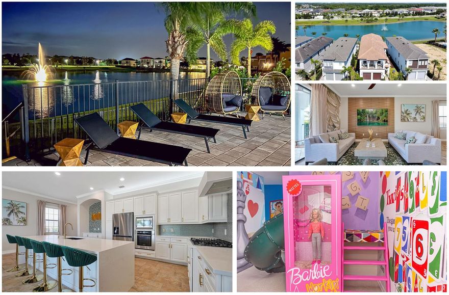 Incredible New Price Point, The Homes Price Has Been Improved Over $140,000 Making This One Of The Hottest Most Realistic Home On The Market And Ready To Sell. This Amazing Home Has Been Completely Remodeled And Updated Including A Brand New Furniture Package Designed By Indya Rose Interiors And Will Convey With The Sale Of The Home. This Mediterranean Inspired 2 Story Home Was Built On A Premium Water Frontage Lot And Features A Mid-Century Style Wood Entry Door, Hand Chipped Tile Floors Throughout The Main Living Areas, And A Freshly Painted Interior. You Owe It To Yourself To Come And Tour This Home To Truly Be Able To Appreciate The Fully Renovated Kitchen With The Bright Quartz Countertop Featuring An Elegant Waterfall Edges, Completely Refinished Cabinets Including Custom Range Hood, Custom Backsplash, Upgraded Faucet, High-Quality Black Sink, Brand-New Refrigerator And New Light Fixtures Throughout. One Of The Greatest Use Of Space And Design Has To Be The Barbie Themed Bedroom That Features A Built-In Slide And Sleeps Up To Eight Each With A Dedicated Space. The Living Room Features Elegant Wallpaper And A Custom Wood Feature Wall That Overlooks The Outdoor Patio Area And The Dining Area With Seating For 8 People. Your Guest Can Enjoy More Time In The Sun With The West Facing Outdoor Swimming Pool And Spa, The Owners Installed A New Custom Outdoor Kitchen And Extended The Pavers With Plenty Of Outdoor Seating Including A Private Lower-Level Lounge Area Right On The Waterfront With A Beautiful Water Fountain Feature And Some Of The Most Breathtaking Sunset Views Available In Reunion Resort. There Is A Completely Reimagined Games Room Featuring A New Pool Table, Double Motorcycle Racing Games, And Exciting Console Arcade Games In A Retro Candy Themed Layout. This Home Has Not Been Used In A Rental Program You Will Be The First To Enjoy The Custom Furniture Package That Will Convey With The Sale Of The Home And There Are 2 Brand New Air Conditioning Systems That Have Been Installed For Years Of Cool Comfort. Transferable Membership. Enjoy The Gated Community Of Reunion Resort, Just Minutes Away From Walt Disney Parks And The Other Major Orlando Attractions, Some Of The Best Beaches In The World, And Orlando International Airport. The Resort Has 12 Community Pools, 3 Signature Golf Courses (Palmer, Watson, Nicklaus), Multimillion Dollar Water Park, Several Onsite Restaurants, 2 Golf Pro Shops, Six Hydro-Grid Clay Tennis Courts, A Full-Service Spa, And A Miniature Golf Course.