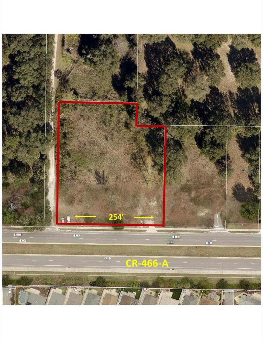 A 1.68 acre vacant site on CR 466-A that is located directly across the street from "Villages of Fruitland Park" and 1 mile east of "Colony Plaza" in The Villages. It is level and all usable with 254' of frontage. The property has C-2 (General Commercial) zoning with city sewer running along the front of the property on 466-A and city water located across the street or 650' to the east on the same side of the street. Traffic count of 17,500 (2024). If you need a larger site the adjoining 1.28 acres (consist of 2 parcels) to the east is For Sale at $498,000 (same Owner). The area is growing fast with numerous sites to the west between the subject site and Colony Plaza in The Villages being developed at this time with apartments and medical uses. Great location for medical office, healthcare, professional office, retail, or restaurant.