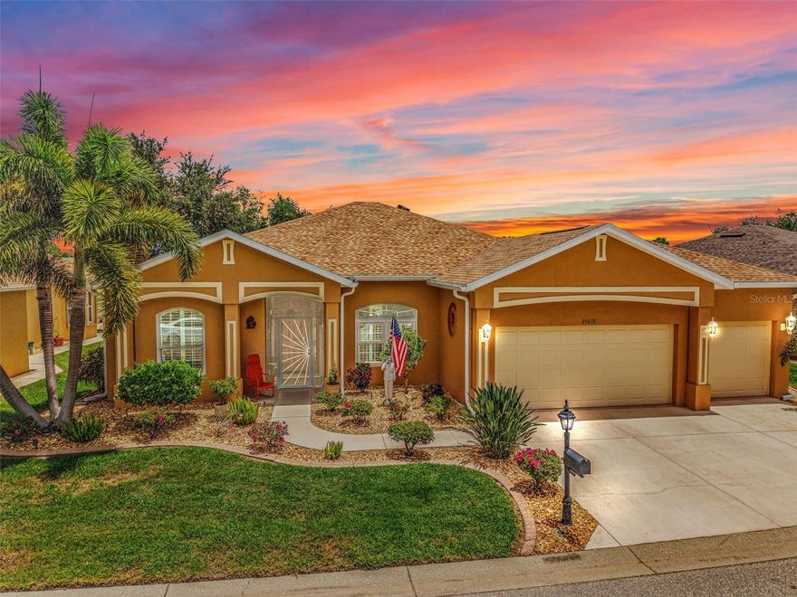 WOW - Rarely available FULL-3-CAR GARAGE with MASSIVE LANAI and great view of water/fountain in the gated golf course/active resort of HIGHLY DESIRABLE Kings Gate, a 55+ community that is NOT in a flood zone and DOES NOT require flood insurance.  This EXTREMELY WELL cared for and TOTALLY UPDATED home features 2022 roof, 2025 mini-split AC for Lanai (tiled and enclosed), luxury vinyl plank throughout, Impact windows for the home and accordion shutters for the lanai, high-end water softener and an under sink RO system, all new lighting, plantation shutters, a 3-CAR garage that is insulated with epoxy floor and hanging storage, kitchen has leathered granite - high-end cabinets (soft close plus pull outs) and 2024 SS appliances, tall vanity and toilet plus defogging mirror and heated towel rack in primary, whole house surge protector plus house is wired for a generator.  This home must be experienced to be fully appreciated. As you approach you will notice the gorgeous curb appeal - step inside and your eyes gaze skyward momentarily to the 12 foot high ceiling - before noticing that MASSIVE lanai and SESATIONAL view of water/fountain and the lucky number 13th green. Having the lanai under air provides you more than 2,000 sq ft of under air living.  The living room - dining room (set up as office) - kitchen and lanai all seamlessly connect providing tremendous entertainment and relaxation options.  The paver patio helps extend your living beyond the lanai.  And we haven't even talked about the to-die-for master bath - WOW!!! With the guest bedrooms and bathroom to the back right of the house and the master to the back left - both you and your guests are going to appreciate the privacy that provides. And if you haven't been to Kings Gate before - you're going to love the options for activity (Olympic size heated swimming pool and spa, tennis courts, pickle ball, lawn bowling, shuffle board, bocce, horseshoes, gym, billiards, library, euchre, bingo, bridge, Texas hold em, poker, mahjong and more).  The onsite AND NEWLY REMODELED Lions Den restaurant and bar is super convenient and also offers Tuesday night Karaoke and monthly trivia contests. Many residents love the fact that they are just a golf cart ride away from the shopping plaza that provides you access to grocery store (ALDI), drug store, bank, restaurants and shopping.  Want to explore outside of Kings Gate – you are minutes away from the restaurants and shops of downtown Punta Gorda and Fisherman's village. And if you want to explore more of Florida's fun spots you’re near I75 to quickly head north or south. An AWESOME 3-CAR GARAGE home that has been TOTALLY UPDATED with a SENSATIONAL water/golf view in a PREMIER gated community won't last long.  Call today for a private showing and a golf cart tour of the community/amenities.