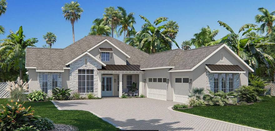 Under Construction. A front porch leads into the main entryway, featuring a coffered 12-foot ceiling. French doors open to a private home office with views of the front yard. A secluded guest suite with a full bathroom and walk-in closet is located off the main hallway. The open family room is bathed in natural light from a sliding glass door that opens onto the backyard covered lanai. The dining area connects the family room to a kitchen that includes a decorative beamed ceiling, an island with built-in seating, generous counter space, 5-burner gas cooktop and a walk-in pantry. Adjacent to the kitchen, a game room with a sliding glass door offers a bright, versatile space. The primary bedroom, a peaceful retreat, is framed by a wall of windows. French doors lead to the primary bathroom, complete with two walk-in closets, a linen closet, dual vanities, a freestanding tub, and a large glass-enclosed shower. Each secondary bedroom includes a private bathroom and walk-in closet. The laundry room is centrally located, and a mudroom is situated off the three-car garage.