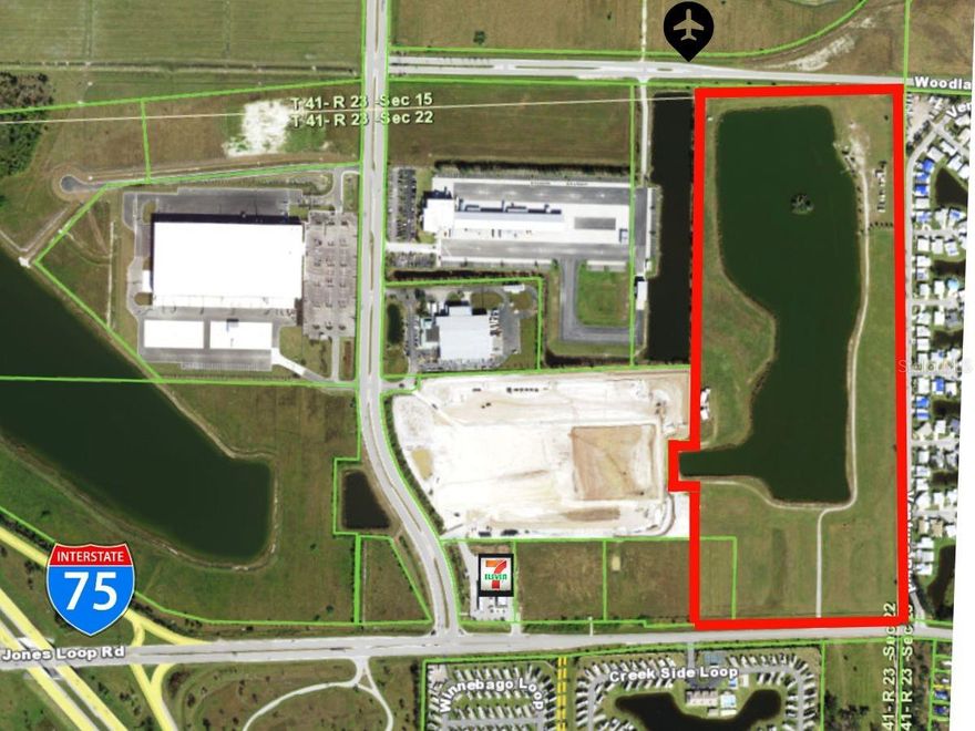 This is a rare opportunity to acquire 58.4 acres of strategically located development land within Charlotte County’s Enterprise Charlotte Airport Park (ECAP)—a fast-growing industrial and business corridor directly adjacent to Punta Gorda Airport and just minutes from I-75. Zoned for a flexible mix of industrial, aviation, commercial, green tech, and government uses, this site is ideal for a wide range of high-impact users, developers, or end-users seeking a regional hub in Southwest Florida. PROPERTY HIGHLIGHTS Size: 58.4 Acres (subdividable by buyer - sold as one property Zoning: ECAP – Mixed-use industrial/business Location: Adjacent to Punta Gorda Airport Access: 0.5 Miles to I-75, close to US-41, on Jones Loop Rd Utilities: Public water/sewer, electric, fiber available Topography: Level, development-ready PERMITTED USES ECAP Zoning Allows: Industrial, warehouse & distribution centers Green industry: solar, clean tech, hydrogen Aircraft hangars, MRO, and flight training facilities Building trades and contractor operations Government, medical, or vocational office campuses Hotels, retail, and restaurants (by location criteria) Wholesale operations and service businesses Zoning supports large-scale, phased, or master-planned development. LOCATION ADVANTAGES Strategically Positioned in a Growth Corridor: 0.2 miles to Punta Gorda Airport (PGD) 0.5 miles to I-75 interchange 10 minutes to downtown Punta Gorda 25 minutes to Fort Myers 45 minutes to Sarasota/Bradenton Near Cheney Brothers, Allegiant Air, FedEx, Arby’s distribution INVESTMENT PROFILE Asset Type Vacant Land – Industrial/Commercial Use Zoning ECAP – Enterprise Charlotte Airport Park Parcel Size 58.4 Acres (can be subdivided by buyer) Utilities are At site Development Ready Asking Price GROWTH & INCENTIVES Located in ECAP – A designated economic engine for Charlotte County Supportive permitting & zoning process Workforce availability from surrounding counties Attractive tax environment for business relocation Ideal for 250,000+ SF facilities Lot is irregular in shape and size should be confirmed by buyers sale includes PID 412322200010 and 412322200009
