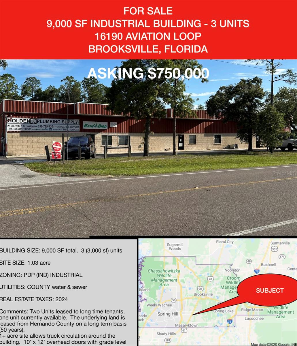 Well located Industrial Building with good site prominence from Sp. Hill Dr. This 9,000 sf building is divided into three 3,000 sf units, two units leased to long term tenants, one unit currently available. Each unit includes a 10’ x 12’ overhead doors with grade level access. Over 1 acre of land allows traffic circulation around the building. The rear is chain linked fenced and affords some outside storage. Roof replaced 2010. Call for additional information or to schedule a tour.