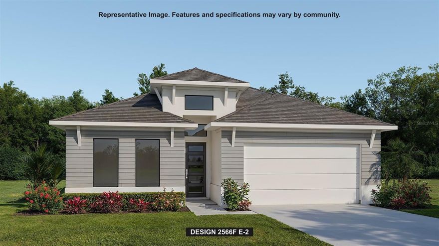 Under Construction. The front porch opens into a welcoming entryway with an extended tray ceiling that embraces the main hallway. A bonus flex room overlooks the front yard right off the front door. A full guest suite with a private bathroom and ample closet space is off the main hallway. The kitchen features an island with built-in seating and walk-in pantry. The dining area flows from the kitchen to the connecting family room which offers plenty of natural light from its sliding glass doors and access to the backyard covered lanai. The primary bedroom has a wall of windows overlooking the backyard. Double doors lead into the bathroom which hosts dual vanities, a freestanding tub, glass enclosed shower, two walk-in closets and dual access to the laundry room. Two secondary bedrooms with a shared bathroom complete the home along with ample storage space throughout. The drop zone is located off the two-car garage.