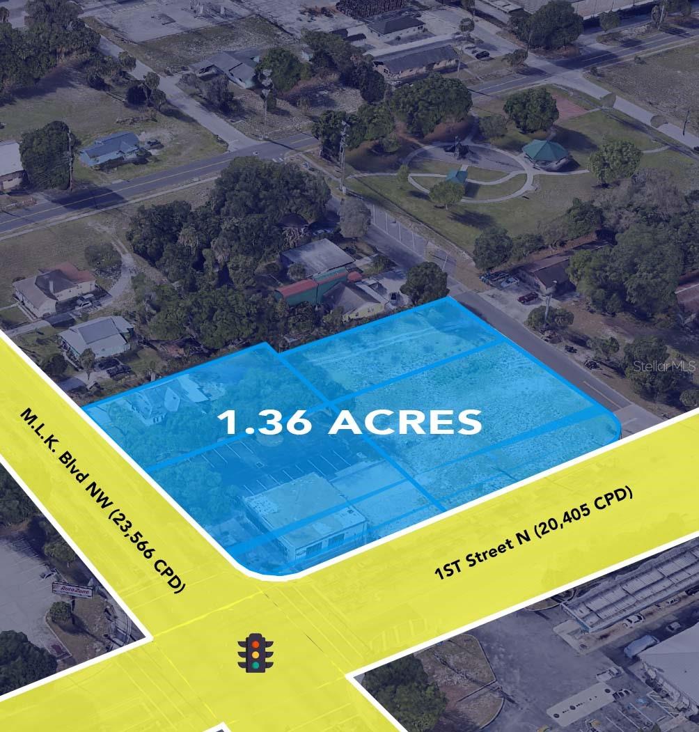 Four combined parcels totaling approximately 1.36 acres:
• 105 Martin Luther King Blvd NW, Winter Haven, FL 33881
• 125 Martin Luther King Blvd NW, Winter Haven, FL 33881
• 2001 1st Street North, Winter Haven, FL 33881
• 126 Avenue U NW, Winter Haven, FL 33881
Exceptional visibility at signalized intersection, high traffic counts, and multiple access points make this a premier development opportunity. This high-profile site features multiple points of ingress and egress from three sides, including Martin Luther King Blvd NW, 1st Street North, and Avenue U NW, ensuring seamless traffic flow and accessibility. The site's proximity to many large and established retailers underscores the area’s robust commercial environment, making it an attractive prospect for new developments.
Key Highlights
• 1.36 acres of cleared land, ready for development
• Zoning: C-3 and MX (Commercial-Highway and Mixed-Use), allowing for a wide range of commercial, retail, office, and multi-family development
• Infrastructure in Place: Full utilities available, including water, sewer, and electric
• High-Traffic Location: Strong visibility and exposure from both Martin Luther King Blvd NW and 1st Street North
• Signalized Intersection: Prime frontage at a major intersection, maximizing accessibility and visibility
• Development-Friendly Municipality: Winter Haven actively supports new projects with pro-growth zoning and streamlined approvals
Prime Polk County Location
Winter Haven and the broader Polk County area are experiencing remarkable growth, making this property an exceptional investment opportunity. The Lakeland-Winter Haven metropolitan area was recognized as the second fastest-growing metro area in the United States, with its population reaching 818,330. This rapid expansion underscores the region’s economic vitality and increasing demand for retail expansion and commercial development.
Covered Land Play with Immediate Income Potential
This property is offered for development value but includes existing income-generating improvements, featuring a small office building and a newly renovated restaurant building.
Versatile Development Potential
Ideal for freestanding retailer, quick-service restaurant with drive-thru, gas and service station, car wash, automotive use, car dealership, self-storage, medical offices, multi-tenant retail, multi-family, or mixed-use development, this high-traffic site is positioned for immediate redevelopment.