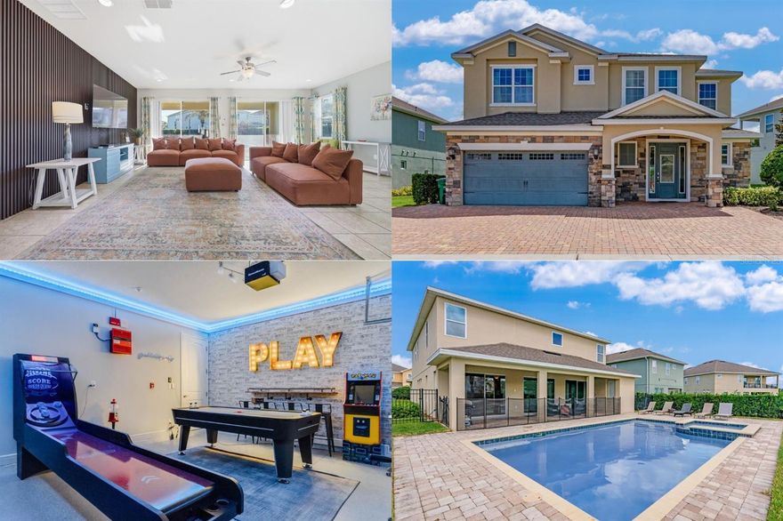 One or more photo(s) has been virtually staged. Take advantage of the most aggressively priced 9-bedroom in Encore in the past year & priced to sell! VACATION in STYLE in this turnkey, fully furnished property in Encore Resort! This property offers 9 bedrooms, 8.5 bathrooms and sleeps 16+! Whether hosting family get-togethers, reunions, holidays, or business retreats, this home provides all the space guests need to spread out! The open concept living area features a large dining area, plenty of seating, and great views of the pool. The kitchen is well-equipped with two refrigerators, two dishwashers, and an oversized island to gather around. The pool area is the perfect place to enjoy the Florida sun while still being very private with an oversized lot, fence and hedges all around. The downstairs master retreat is spacious and offers access to the pool and its own private bathroom. The garage has been turned into a game room with Pacman, air hockey, foosball, and skee ball. Upstairs you will find a loft with a pool table and TV. Seven more bedrooms provide plenty of room for guests. The Encore at Reunion Resort includes a spectacular clubhouse, award-winning restaurant, a Water Park, full-service spa, two playgrounds, state-of-the-art gym, basketball, volleyball & tennis courts. The HOA fee covers 24-hour gated entrances & roaming security, trash pickup, & an annual exterior house cleaning. A concierge desk is available at the clubhouse to assist with booking tickets, meals, airline check ins, resort provided shuttles to parks, & more. Enjoy being minutes away from three golf courses and in the heart of attractions, shopping, dining and more. Call us today to schedule your private tour!