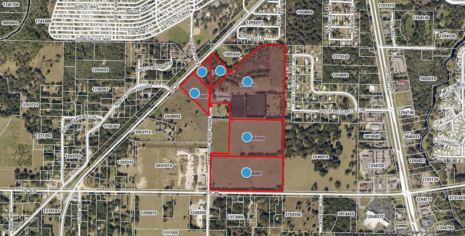 Offering is for 73+/- Acres w/ an adjoining 14+/- acre parcel also available in Lake County, FL just off S US Hwy 27 and surrounded by explosive growth from The Villages newest expansion as well as other developments. The value is in the land. Located under the county's jurisdiction, property will need to be annexed into the City of Leesburg and rezoned for commercial, professional, industrial or mixed use, currently zoned AG with a FLU / Future Land Use of Regional Commercial and access a short distance from US 27 with frontage on CR 48 and CR 33 making this an ideal Central Florida address that is minutes to I-75, Florida's Turnpike and 45 minutes to Orlando or Ocala. Offering is an assemblage of 6 parcels. Lake County Alt Key #'s 1741866, 1774926, 2718421, 1774896, 2587091 & 2696681 with adjoining 290882 also available. All information is believed accurate and correct but not guaranteed or warranted and subject to change without notice. Shown by appointment - do not enter property without authorization.