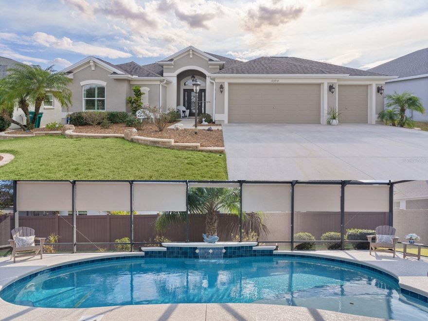 Welcome to this Stunning 4-bedroom, 2-bath Orchid floorplan, with a 2-car garage plus GOLF CART GARAGE, and SOLAR HEATED SALTWATER POOL, nestled within the VIBRANT, EXCLUSIVE, GATED ALL-AGE community of Oxford Oaks! NO BOND! Conveniently located JUST MINUTES from The Villages® Community and The Villages® Charter Schools, as well as 466 with an ABUNDANCE of shops (including the NEW COSTCO), restaurants, banks, medical and much more! Welcomed with Tropical Landscaping custom designed STACKED PAVERS, Elegant LEADED GLASS front door welcoming you into the generous Foyer of this STUNNING CONTEMPORARY OPEN CONCEPT and Views of the SALTWATER POOL and COVERED LANAI.  FACTS about this house, COMPLETELY UPDATED in 2023 includes, MOHAWK LUXURY VINYL FLOORING, PAINTED Exterior Garage Door & Front Door, PAINTED ENTIRE INTERIOR, INSTALLED WHOLE HOUSE WATER FILTRATION, KITCHEN CABINETS REFACED, NEW QUARTZ COUNTERS & GRANITE SINK (kitchen), NEW QUARTZ BACKSPLASH, ALL NEW LIGHTING & CEILING FANS, BATHROOM CABINETS REFACED & COUNTERS, TUB & SHOWER REGLAZED & SEALED, TOILETS, FAUCETS & SHOWER HEADS, CUSTOM CLOSETS, IRRIGATION UPDATED & SERVICED, PLANTATION SHUTTERS & CUSTOM CORNICES, EXTERIOR PRIVACY SHADES, LAUNDRY ROOM SINK GLAZED PLUS FAUCET & CABINET REFACED, NEW SAMSUNG WASHER & DRYER. From the Living Room, CROWN MOLDING throughout, then step through SLIDING GLASS DOORS, adorned with CUSTOM CORNICES, and enjoy true Florida living in the EXPANSIVE SCREENED-IN SOLAR HEATED SALTWATER POOL, WATERFALL and COVERED LANAI. This spacious retreat offers plenty of room for lounging on the SECTIONAL SET (included), and year-round outdoor entertaining. Includes Storage CABINET WITH WINE REFRIGERATOR. (TV avail separate) PRIVACY SHADES on the Enclosure/Lanai and VINYL PRIVACY FENCE for added Privacy. Back inside, the Living Room is spacious with the beautiful MOHAWK LUXURY VINYL FLOORING throughout, CROWN MOLDING, CUSTOM CORNICES and CHANDELIER LIGHTING the perfect amount of elegancy.  This is an Entertainers house with plenty of seating with a Formal Dining area and a Dinette space.  The Kitchen has QUARTZ COUNTERS with room for Barstools, WINE RACK, PANTY (Pull-outs), STAINLESS STEEL APPLIANCES, GRANITE SINK, and CUSTOM RANGE HOOD. Countertop Microwave included.  Entering the Primary Bedroom is a retreat in itself, featuring TRAY CEILING, CHANDELIER FAN/LIGHT. The Primary STYLISH en-suite bathroom features a CUSTOM CLOSET, SHAKER cabinetry, DOUBLE vanities, a TILED ROMAN-STYLE WALK-IN ZERO THRESHOLD shower, LINEN closet, and a separate water closet. The other Three Bedrooms, each featuring VAULTED CEILINGS, PLANTATION SHUTTERS, and a GUEST Bathroom. POCKET DOOR in hallway creating a PRIVATE GUEST WING.  An INTERIOR Laundry Room, has a UTILITY SINK and Cabinets plus 2023 SAMSUNG WASHER & DRYER included. Large TWO-CAR GARAGE PLUS GOLF CART GARAGE. This Concrete Block Home also has SEAMLESS GUTTERS, and IRRIGATION.  Oxford Oaks is a non-age-restricted, Golf Cart friendly community built by The Villages®. EXCLUSIVE AMENITIES INCLUDE: a large Resort-Style Pool, Pickle Ball Courts, Tennis Courts, Basketball Court, Outdoor Exercise Equipment, and a fabulous Playground! Lake Sumter Landing (5.4 miles) and Brownwood (7 miles) Squares in The Villages® various dining options, and nightly entertainment 365 days a year. DON'T MISS YOUR OPPORTUNITY! Private Showing or Virtual Tour!