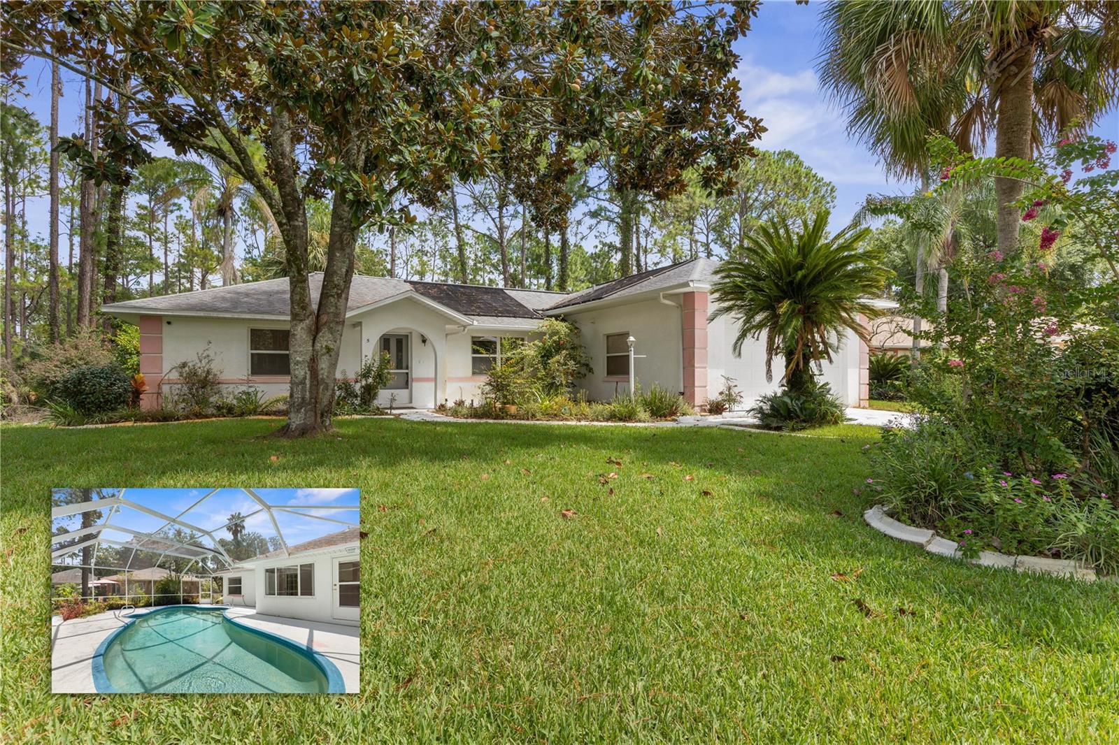 Welcome to this charming canal-front home with endless potential, tucked away on a quiet cul-de-sac. A true rare find, this property boasts an oversized high-clearance garage ideal for an RV or boat, a sparkling pool with screened lanai overlooking a wide freshwater canal, and an extended enclosed lanai under air for year-round comfort. Beautiful flower gardens add to the curb appeal. Enjoy resort-style living and the peaceful Florida lifestyle right at home!