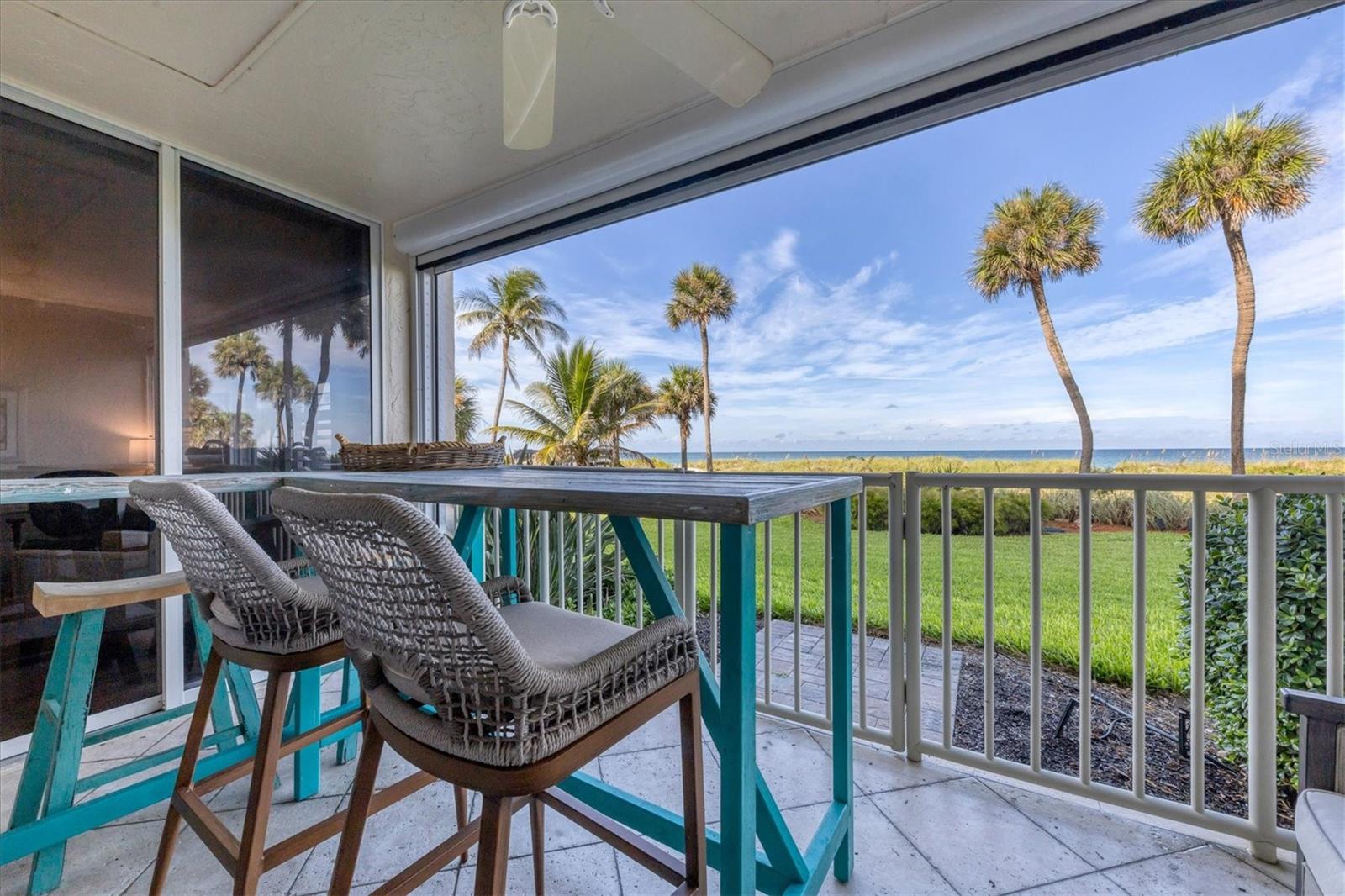 Gorgeous Gulf front, turnkey furnished rental in Tiffany Plaza. Walk out to the beach from this lovely updated and exquisitely furnished 2 bed/2 bath condo. Coastal inspired décor, king bed in the primary bedroom, full bed and day bed with trundle in the second bedroom. Smart TV's and Wi Fi make this the perfect winter retreat! Tiffany Plaza offers a sparkling heated pool, club room with sauna, and you have a covered parking spot with plenty of guest parking. This Steller location is a short drive to fine dining and shopping venues, or take the free Trolley to St. Armand's Circle, downtown Sarasota, Lido and Siesta Key. December 2025 and January 2026 $8000 per month, February is $10,000 and March and April are $12,000. May through November are $5500 per month. Please note that seasonal and off-season rates are plus taxes and fees. (Booked for MARCH & APRIL 2026)