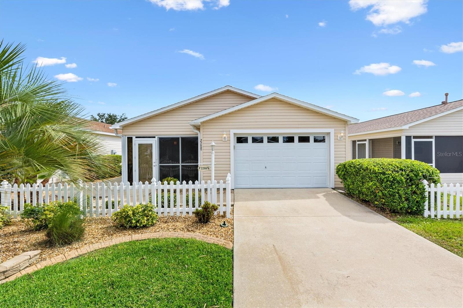 One or more photo(s) has been virtually staged. -----Charming Patio Villa in a Friendly Neighborhood-----
Welcome to your new retreat in the heart of The Villages, Florida! This beautifully updated 2-bedroom, 2-bath Cabot Cove patio villa is designed for easy living and everyday comfort. BOND PAID--new roof 2021--newer air 2016--- Step inside to find vaulted ceilings, laminate and luxury vinyl plank flooring that create an open, airy feel throughout. The kitchen shines with brand-new stainless steel appliances with a gas range, and beautiful wood cabinets with pull out shelves. This home has been updated and freshly painted for a bright and welcoming look. The open floor plan with vaulted ceilings is great for entertaining and family gatherings. Enjoy the convenience of the inside laundry with a front-load washer and dryer, making daily routines a breeze. Set in a charming neighborhood with friendly neighbors and nearby recreation centers, this home offers the perfect balance of relaxation and fun. You’re just a short golf cart ride to Lake Sumter Landing, where you can shop, dine, catch live entertainment, or stroll along the lakefront. Medical offices, grocery stores, and daily conveniences are also close at hand. Whether you’re looking for a seasonal getaway or a full-time home, this villa home offers the warmth, charm, and unbeatable location that make life in The Villages so special. Don’t miss your chance to make it yours!!