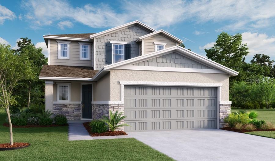 Under Construction. Spacious and accommodating, the two-story Palm features an open-concept main floor with inviting entry way and staircase boasting a 20' ceiling hgt. There are three charming bedrooms upstairs. Just off the entryway, you'll find a secluded Bedroom with a full bath on main floor. Toward the back of the home, a large great room flows into an inviting kitchen with a center island and a separated area for dining. Kitchen has GE stainless steel appliances, Quartz Counter tops and White 42" cabinets. Upstairs, a loft offers a versatile common area, and a sprawling owner's suite includes an attached bath and walk-in closet. Experience Florida living at its finest with a covered lanai ideal for entertaining. A large owners bedroom with en suite bathroom boasts a shower enclosure and double vanity. Also included: a convenient laundry room, versatile loft and 2-car garage. Home includes video door camera, smart thermoset and garage door opener. 1x capital contribution fee of $350. * SAMPLE PHOTOS Actual homes as constructed may not contain the features and layouts depicted and may vary from image(s).