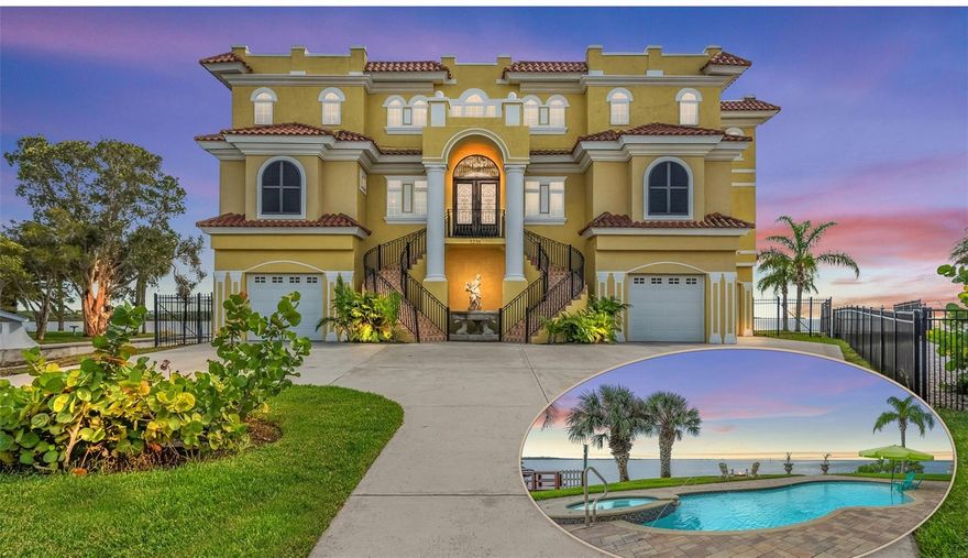 Welcome to the ''Castle on Hernando Beach''! This modern Mediterranean home nestled on the Gulf of Mexico is a rare find with OPEN GULF VIEWS and breathtaking sunsets! A stunning 4 bedroom, 4 bath home, custom built using COMMERCIAL-GRADE CONSTRUCTION; with poured-in-place concrete walls, concrete floors and decks, steel trusses, and 45 pilings. ELEVATOR with access to all 3 levels of the home. This expansive resort style property feels like your own private oasis. Featuring a paver deck, kidney-shaped Saltwater heated POOL with laminar jets, SPA, covered patio, firepit, and dock including a Jet ski lift. The 3-story front elevation has a spectacular architecture design, showcasing a large fountain at center of two grand circular Spanish tiled staircases that lead to the front doors. Enter the Foyer, your attention is immediately drawn to the panoramic views visible from nearly every room. The 2nd level is made for entertaining! Featuring an airy open floor plan with luxurious travertine marble and red Brazilian hardwood throughout. The Family room has mesmerizing ocean views, 20' Cathedral coffered ceilings, and a gas fireplace with coral-like mantle and built-in glass shelves. The lavish Kitchen with center island and an additional 9 ft. of bar height seating is a Chef's dream featuring granite countertops, double ovens, double sinks, microwave, trash compactor as well as a dishwasher and refrigerator that blends seamlessly with upscale wood cabinetry. There are 3 Pantry closets with custom shelves, two of which are walk-ins. The Kitchen also includes a desk and Nook with oversized bay windows. Theater room contains stadium seating, Polk Audio surround sound system and large 120'' screen that captivates! The Living room is perfect for reading or intimate conversations. Around the bend is a wet Bar with upscale cabinetry, granite counter, silver sink and wine fridge. There is a separate formal Dining room, a 4th bedroom (or Office) and full bathroom. The Patio is ideal for outdoor meals and contains a tankless gas grill. The 3rd level presents 3 luxurious retreats with ensuite bathrooms. Two of which have private covered balconies and spa-like accommodations which include a whirlpool tub, shower, marble floors and walls, private water closets, walk-in closets. The west wing features the two guest retreats, and across the catwalk is the Owners Primary retreat which provides ample privacy and seclusion. This level includes the laundry room with Washer, Dryer, deep sink and ample upscale cabinetry and granite counter. The 1st level contains 3 separate garage bays, one of them tandem, and a whopping 2,587 sq. ft. of parking/storage space. The front u-shape driveway can easily accommodate 10-12 autos. Accessing all 3 levels of this home is easy with its NEW ELEVATOR (and/or stairs) and you will love the 8' tall doors, upscale lighting fixtures and overhead fans throughout the house. Hot water is provided by 2 efficient gas tankless water heaters and there is a central vacuum cleaner. There are NO DEED RESTRICTIONS, HOA OR SHORT-TERM RENTAL RESTRICTIONS. Enjoy breathtaking sunsets, dolphins, manatees, various fish, turtles, and so much more! Hernando Beach is an up-and-coming waterfront community. You will experience the ultimate Florida lifestyle and you are within a short drive to the world famous Weeki Wachee Springs, Tampa International Airport and the greater Tampa area.