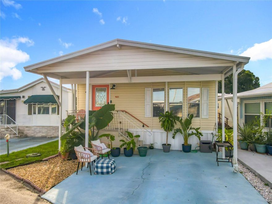 Great curb appeal to this beautifully maintained ONE LEVEL,  two bedroom, 1 bath home  in the highly sought after 55+, guard gated community of Outdoor Resorts! NO LOT RENT - YOU OWN THE LAND!! The home has been lovingly maintained by the owner and has a beautiful open contemporary feel.  One bedroom is currently used as a spacious office and also houses the stackable washer/dryer. The home benefits from a NEW ROOF 2025!! and NEW A/C 2024!! New laminate flooring throughout the living area. Carpet in both bedrooms. Home is being sold unfurnished with a few exceptions - please refer to Inventory sheet in attachments. Come and experience the fantastic lifestyle that this unique community offers. Amenities include 2 heated swimming pools; private access to a 179 acre lake (Lake Davenport); 9 hole golf course; tennis; pickleball; shuffle board; 9 hole putt-putt golf; 8 bath houses scattered throughout the community; laundry facilities; beautiful 2 story clubhouse offering an endless array of entertainment throughout the year. All of this for the low Association Fee of $768 per quarter which also includes Cable TV, Lawn Mowing, Sewer, Trash and Water. UNBELIEVABLE VALUE FOR MONEY - you won't find a more AFFORDABLE LIFESTYLE !!!!  Please remember 55+, no VA or FHA financing, 1 pet rule. The park benefits from close proximity to Disney, medical facilities, restaurants & grocery stores. Don't delay!! Put this home on your 'must see list' and ask to arrange a viewing today.